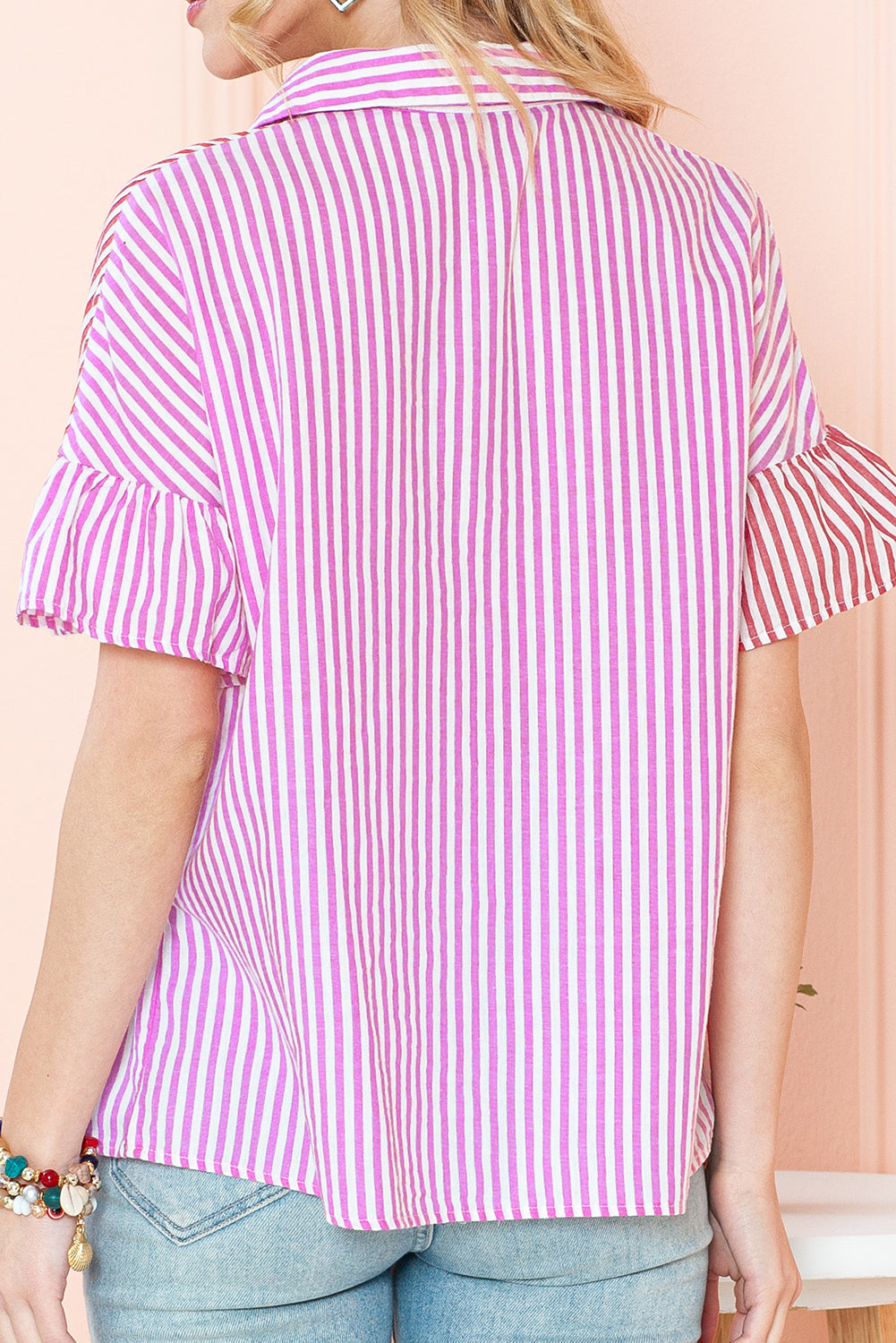 Pink Striped Patchwork Ruffle Button Up Blouse