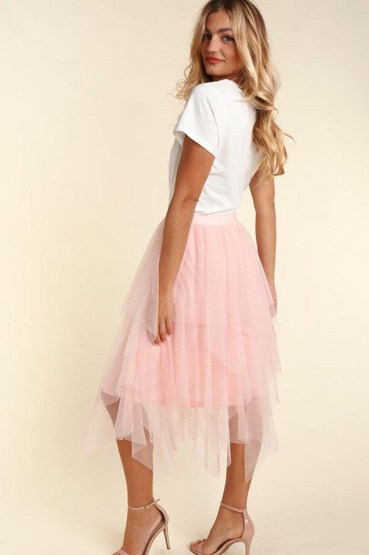 ASYMMETRIC TIERED TULLE MIDI SKIRT WITH LININGELASTIC WAIST ASYMMETRIC TIERED SOLID MESH TULLE MIDI SKIRT WITH LINING
Style: Flirty
Print / Pattern: Crochet
Silhouette: A-Line
Fit: Regular
Embellishment: Tiered
