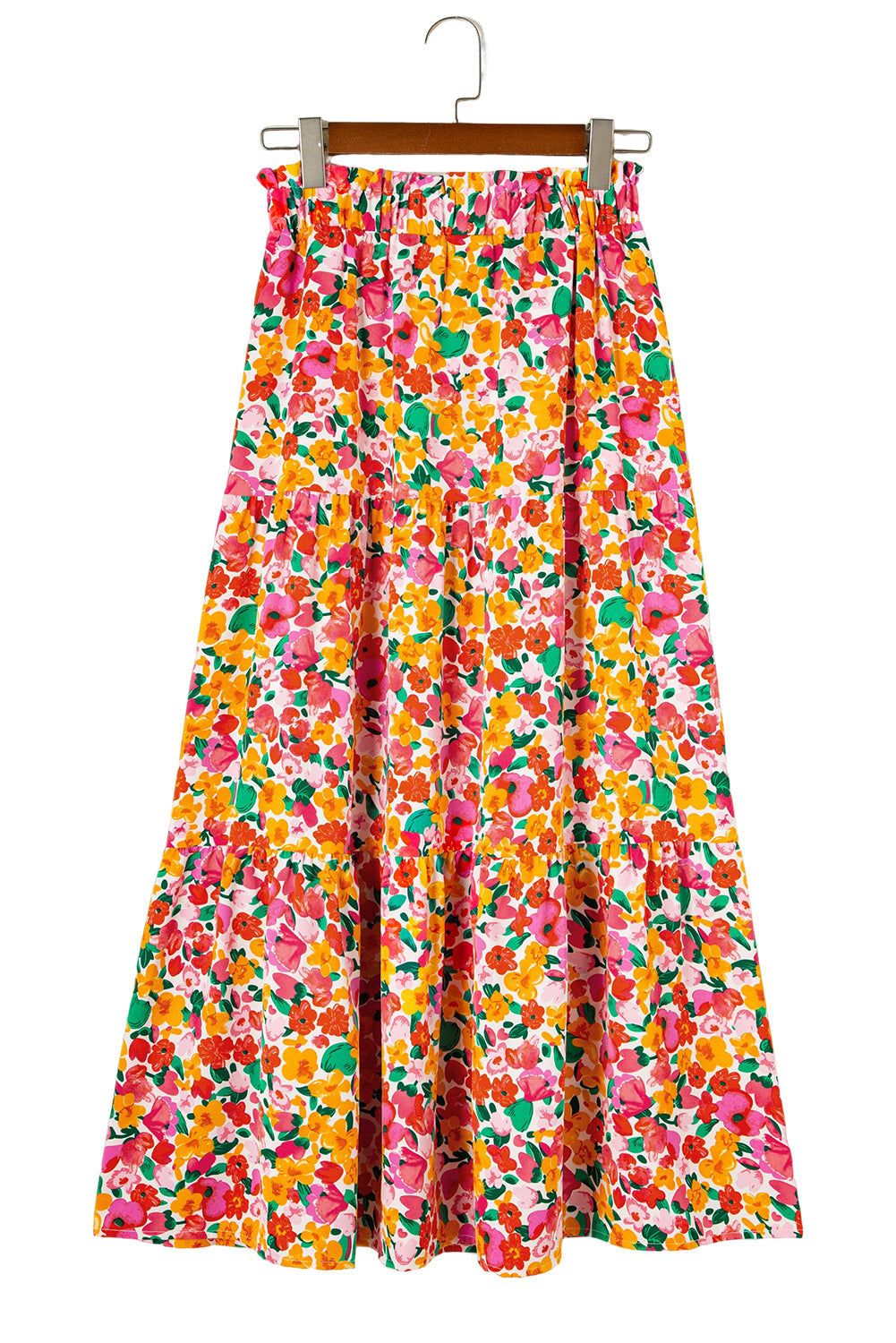 Yellow Boho Floral Print Tiered Maxi SkirtMaterial:100%Polyester

• Embrace the sunshine with this skirt, featuring a vibrant yellow hue that exudes positivity and joy, perfect for vacation adventures. 
• 