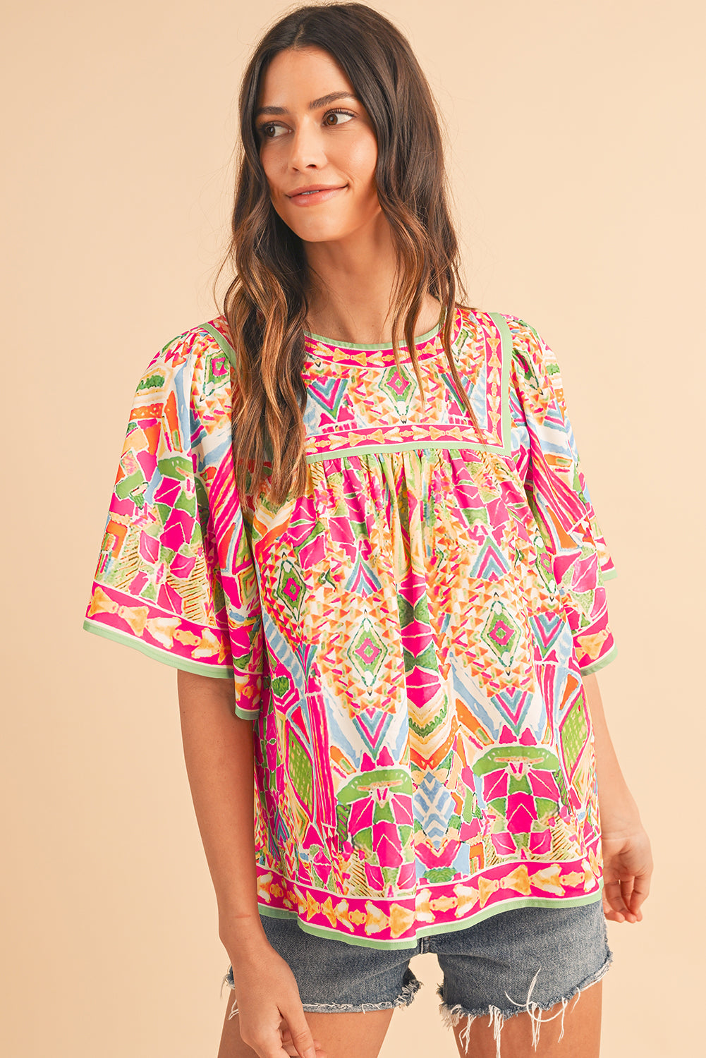 Orange Geometric Print Bell Sleeve Babydoll Blouse