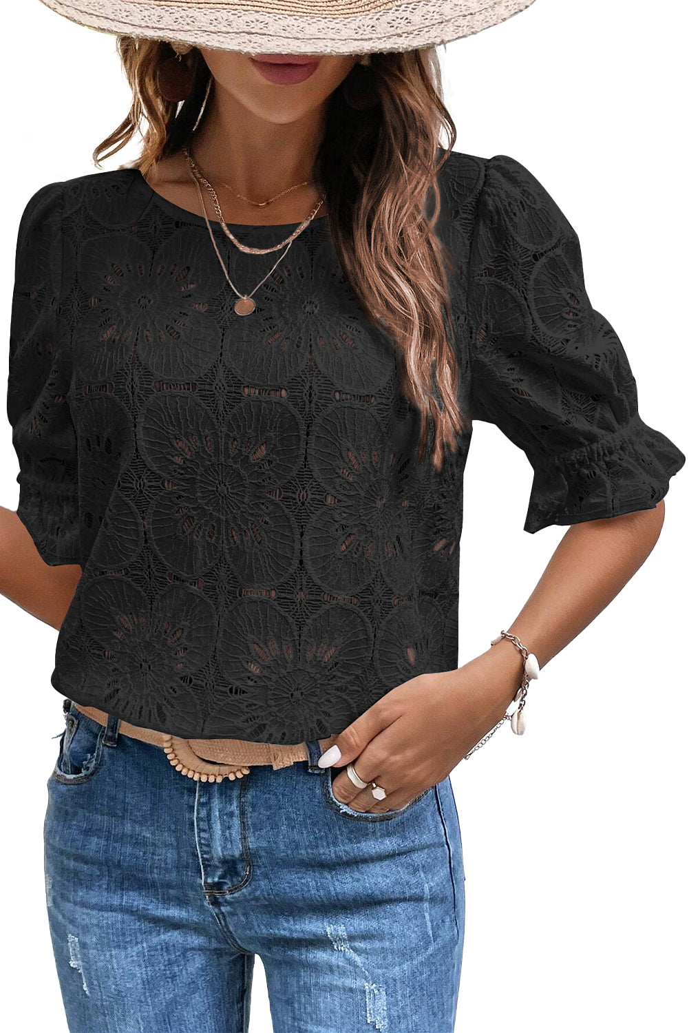 Black Flower Eyelet Jacquard Keyhole Back Puff Sleeve TopMaterial:70%Cotton+30%Polyamide

• Elevate your wardrobe with the top, featuring intricate eyelet detailing and elegant puff sleeves for a touch of sophistication. 