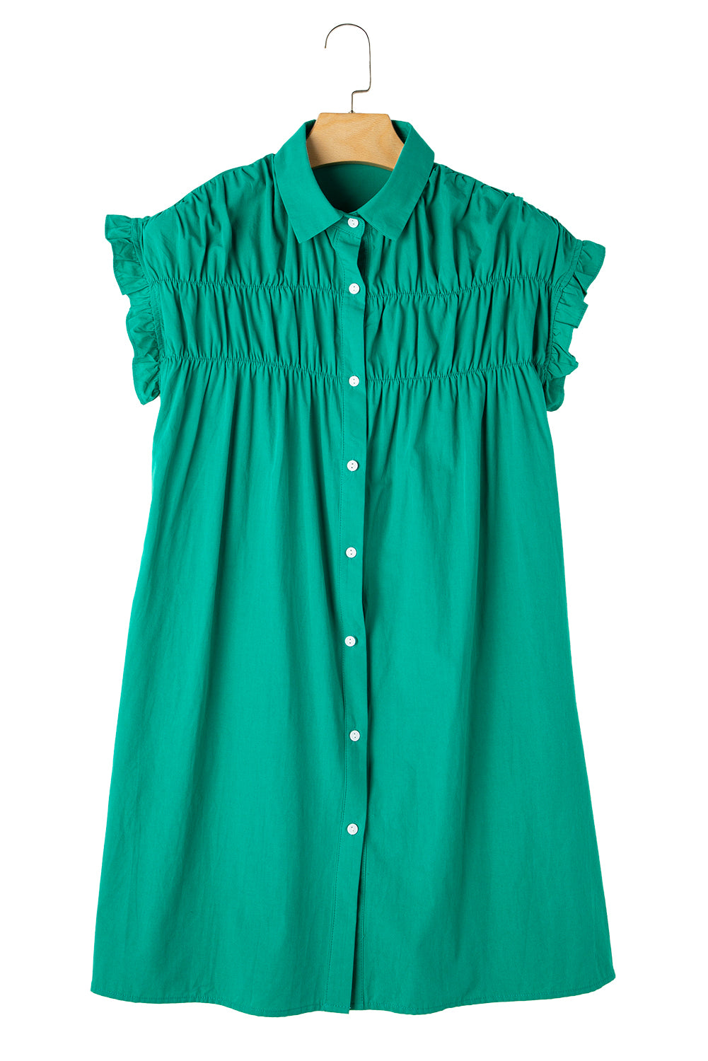 Bright Green Shirred Ruffle Sleeve Button Up Shirt DressMaterial:100%Cotton

• Elevate your casual look with the vibrant dress. Its solid color adds sophistication while the ruffle details bring a touch of playfulness.
