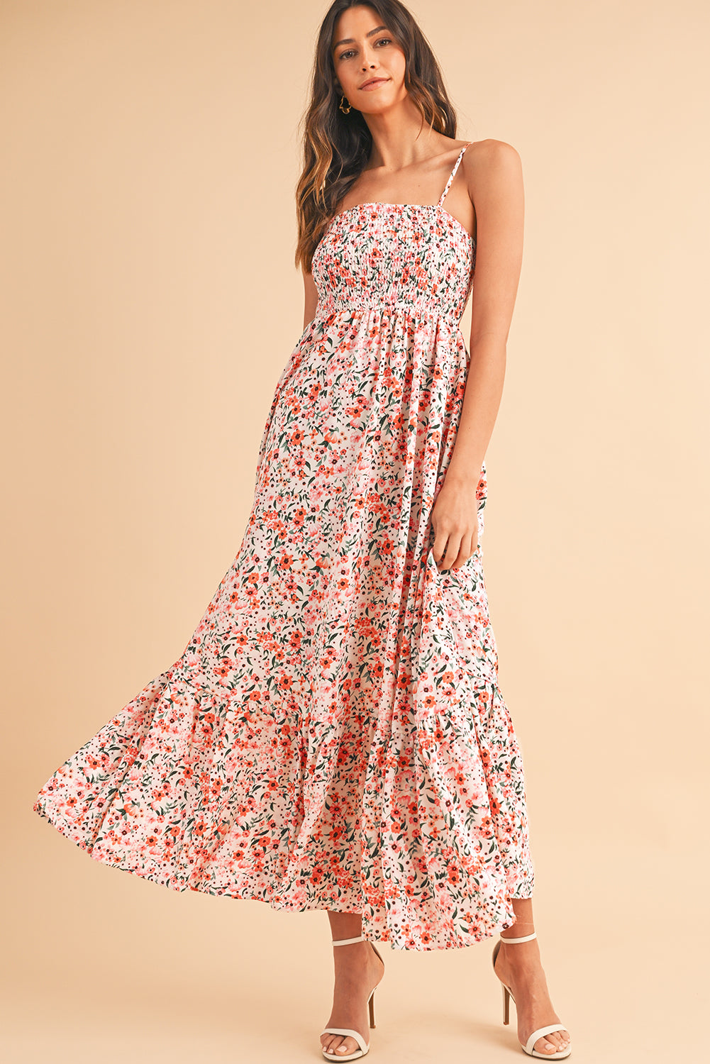 White Boho Floral Self-tie Smocked Ruffle Maxi DressMaterial:100%Polyester


	


		The maxi dress showcases a bohemian-inspired style with its floral print and smocked details, perfect for embracing a romantic and