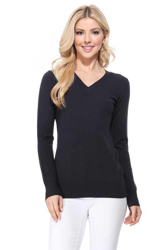 Women's Long Sleeve V-Neck Pulll Over Sweater Top- 25"-26.5" Length, V-Neck, Long Sleeve, Casual, Basic, and Classic Viscose Knitted Pullover Sweater- Lightweight Knit Pullover Sweater with High Quality Soft Viscos