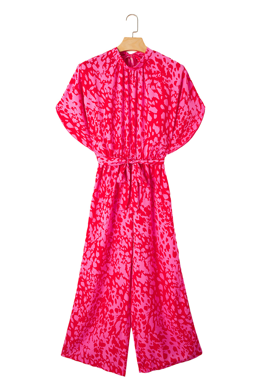 Rose Leopard Print Tulip Sleeve Belted Wide Leg JumpsuitMaterial:100%Polyester



		The jumpsuit features a trendy leopard print pattern, adding a bold and fashionable touch to your wardrobe.
	
	
		With its flounce s