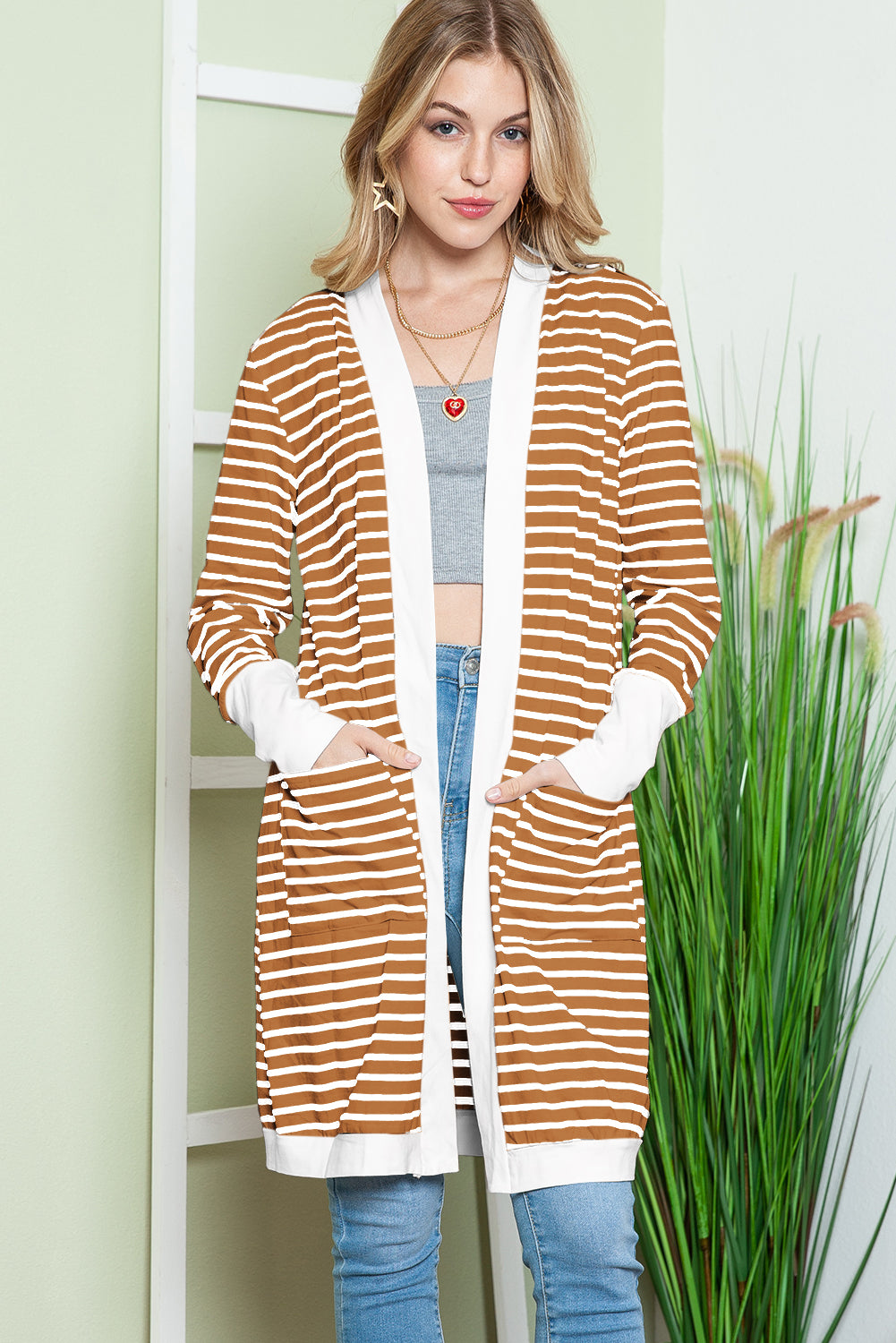 Brown Striped Side Pockets Open Front Long Cardigan