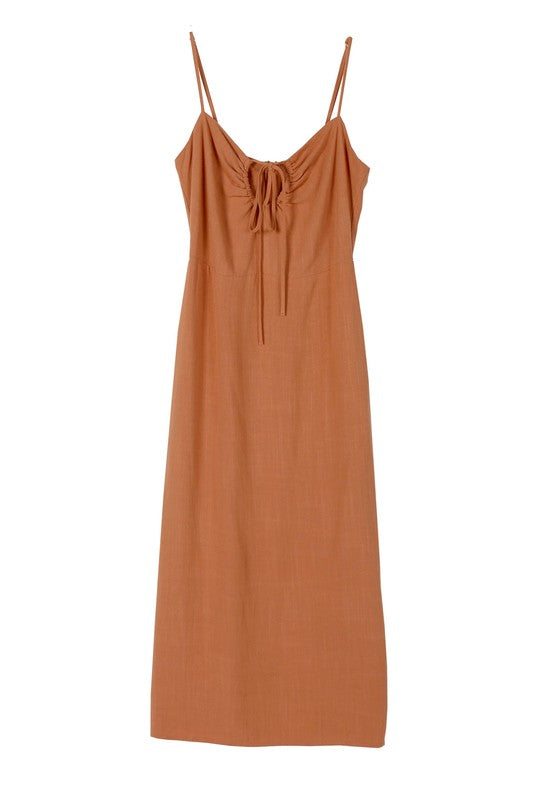 SL slip dress*Cut Out tie front slip dress*Pattern type : solid*Sleeve length : sleeveless*Stretch : no stretch*Sheer : self fabric lined at upper top, no see through*Care instru