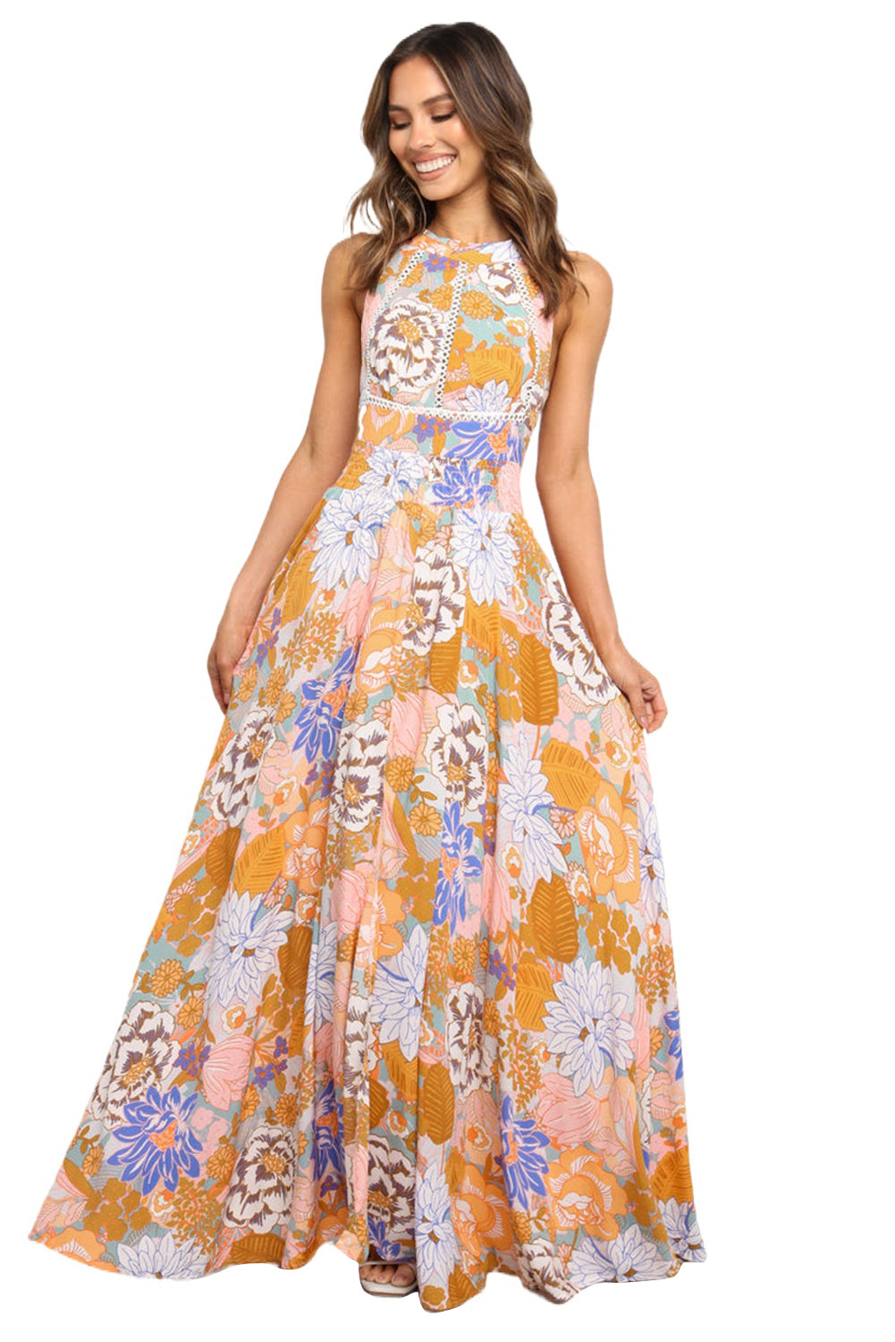 Orange Boho Floral Print Backless Lace-up Halter Maxi DressMaterial:100%Viscose



		This gorgeous floral maxi dress is perfect to make a chic statement
	
	
		It features a flattering flowy style, trim detailing on the 