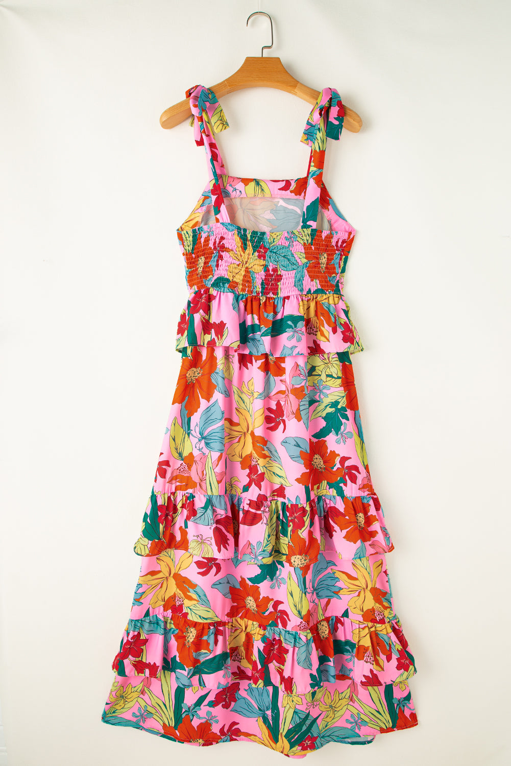 Multicolour Boho Floral Print Knot Strap Ruffle Layered Maxi Dress