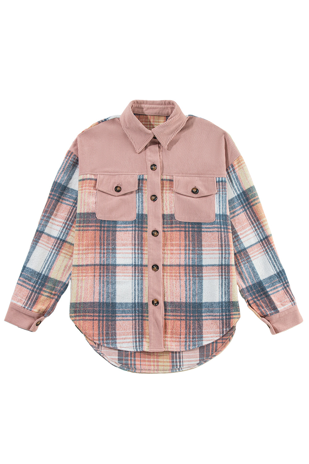 Light Pink Plaid Corduroy Patchwork Pocket Loose Shacket