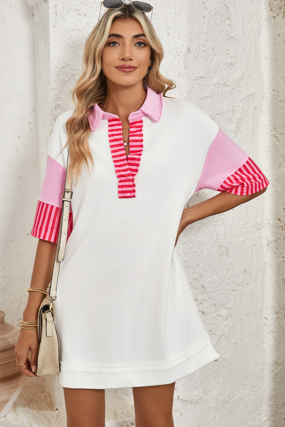 Pink Stripe Colorblock Sleeve Collared Mini DressMaterial:65%Polyester+35%Cotton

• The combination of pink and stripes adds a fun and trendy touch to your outfit.
• Embrace the relaxed vibes with the drop sleeve