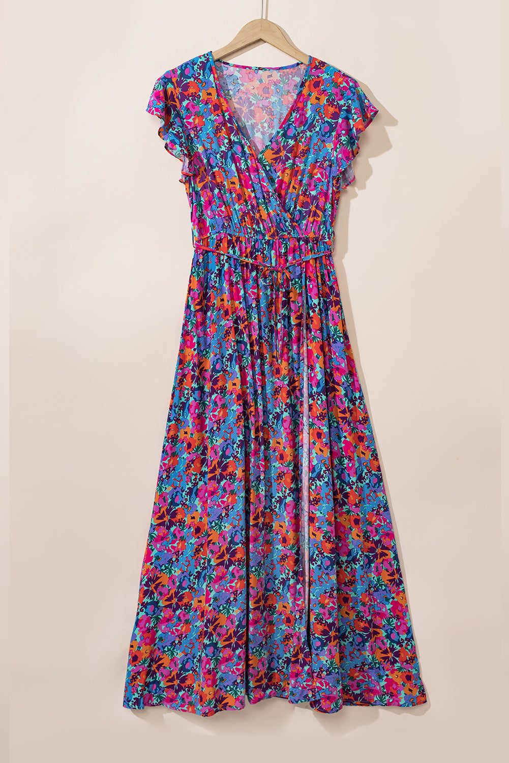 Blue Boho Floral Print V Neck Wrap Split Maxi DressMaterial:100%Viscose



		This high waist dress elongates the silhouette and creates a flattering hourglass shape
	
	
		The side slit adds a touch of allure and