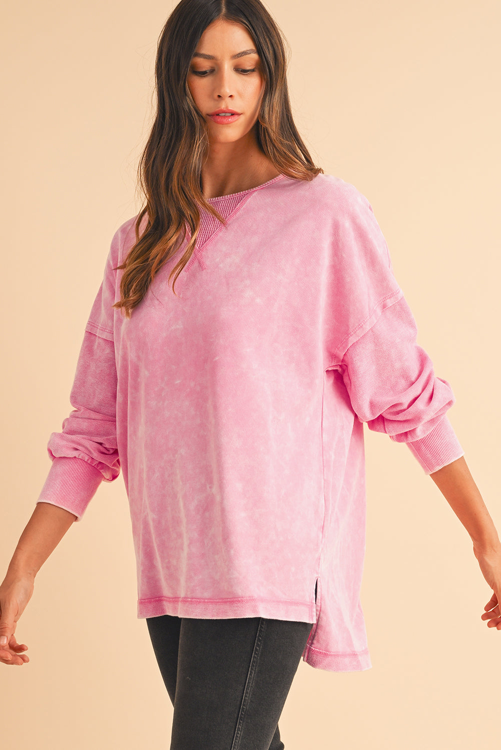 Orchid Petal Mineral Wash Drop Shoulder Oversized SweatshirtMaterial:85%Cotton+15%Polyester

• The unique patchwork design adds a stylish twist to your casual look.
• Enjoy the comfort of the oversized fit and drop shoulder