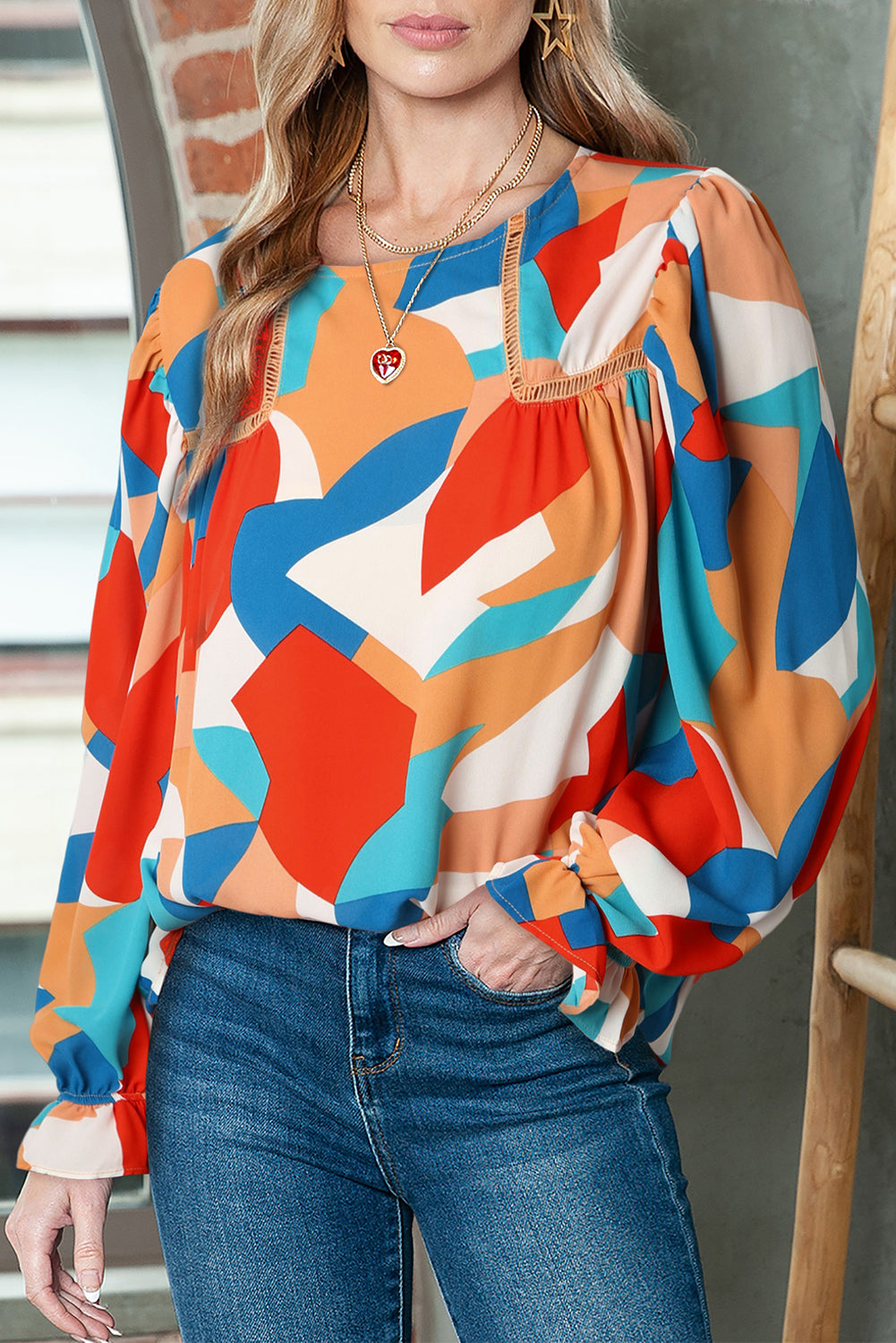 Multicolor Casual Abstract Print Puff Sleeve BlouseMaterial:100%Polyester



		•An artful abstract pattern bursts with bold color on this light and airy blouse.
	
	
		•Highlights: Relaxed fit, long sleeves with 