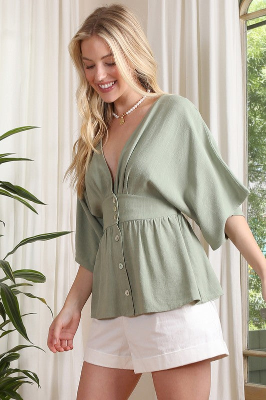 SS deep V neck button down top*Deep V neckline button down blouse with draped sleeves*Pattern type : solid* Color : sage*Neck line : V neck*Sleeve type : kimono sleeves*Sleeve length : short slee