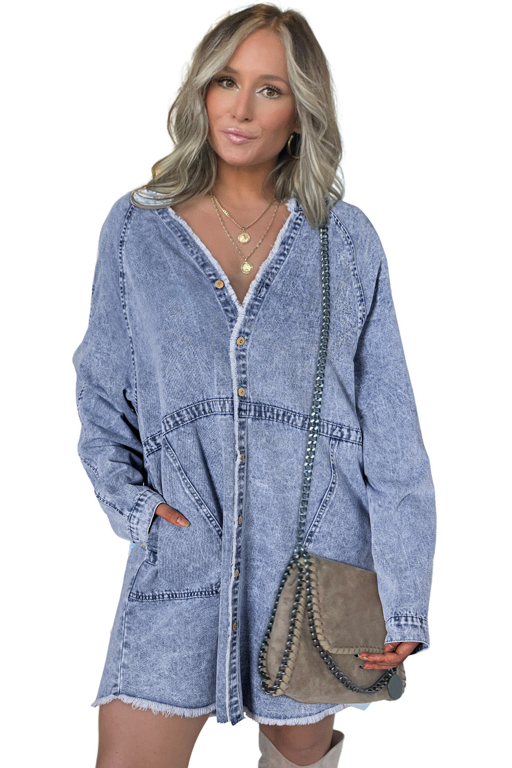 Beau Blue Acid Washed Distressed Edge Denim Mini Dress