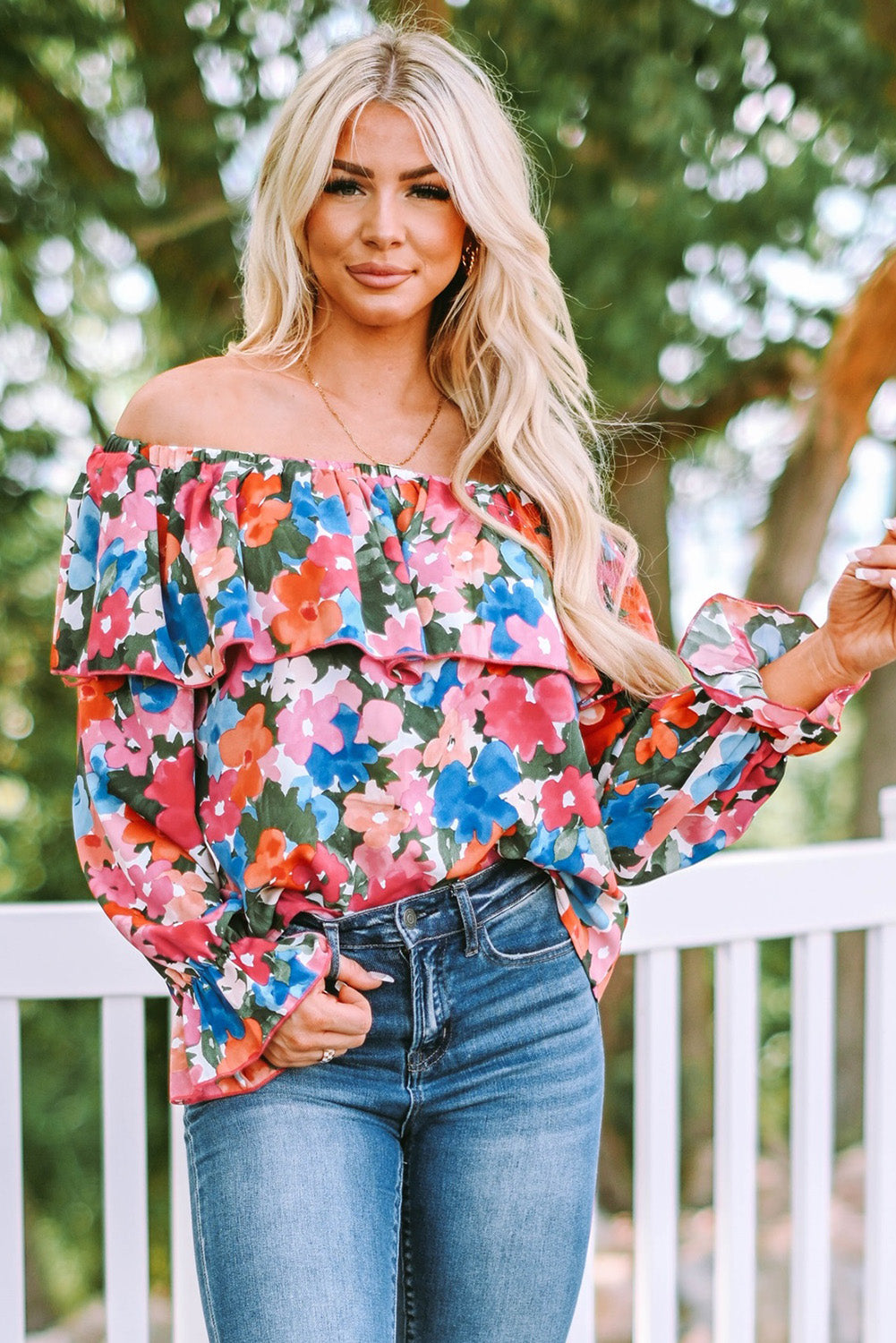 Multicolor Bohemian Floral Print Shirred Ruffle Off Shoulder BlouseMaterial:100%Polyester


	

			This floral print blouse is perfect to change a stylish summer look
		
		
			Featured with off-shoulder, puffy sleeve, and flora