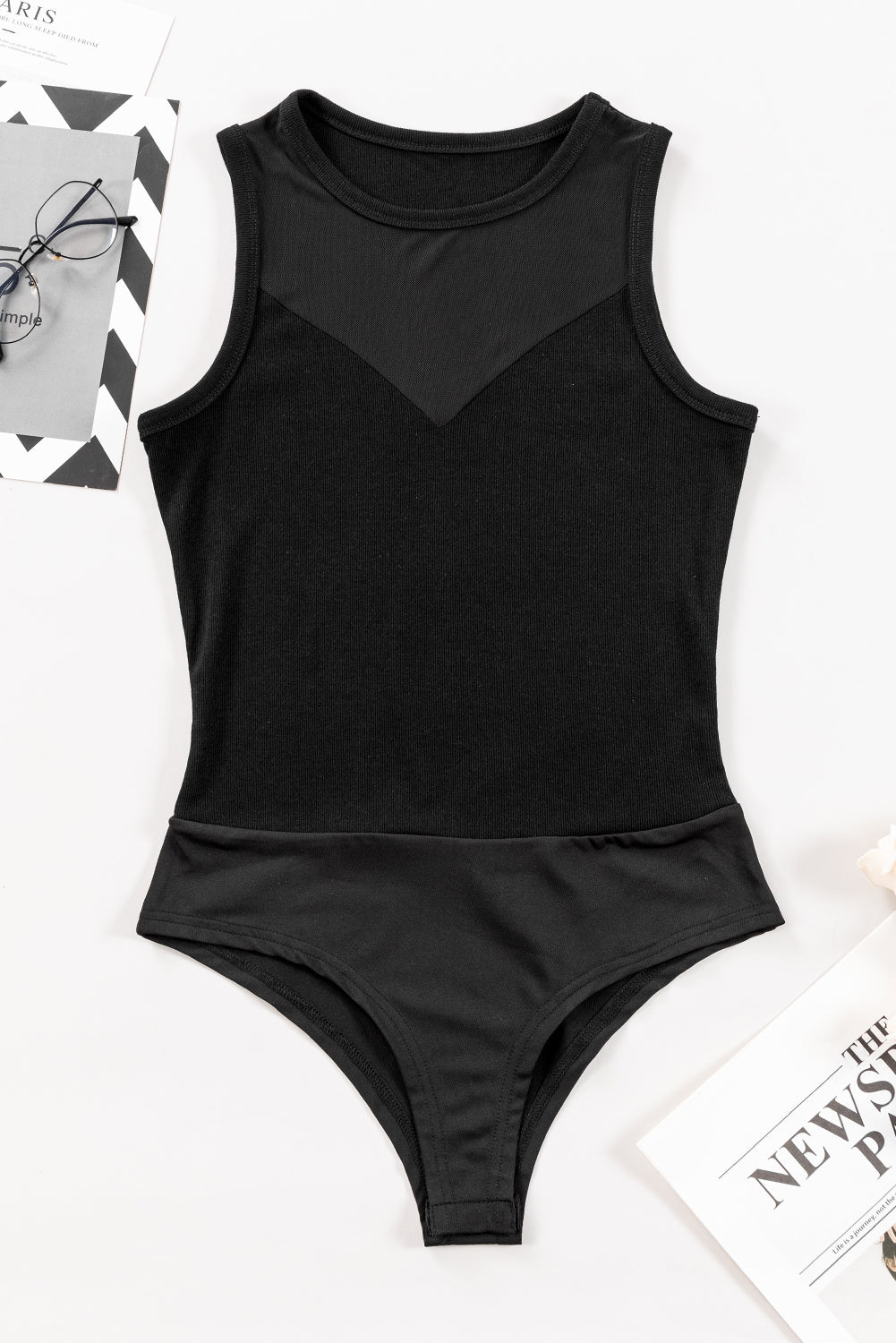 Black Mesh Patchwork Sleeveless Round Neck BodysuitMaterial:70%Polyester+25%Cotton+5%Elastane



		Ignite the allure with this black bodysuit, radiating sexiness and charm in a hot style. 
	
	
		The mesh patchwo