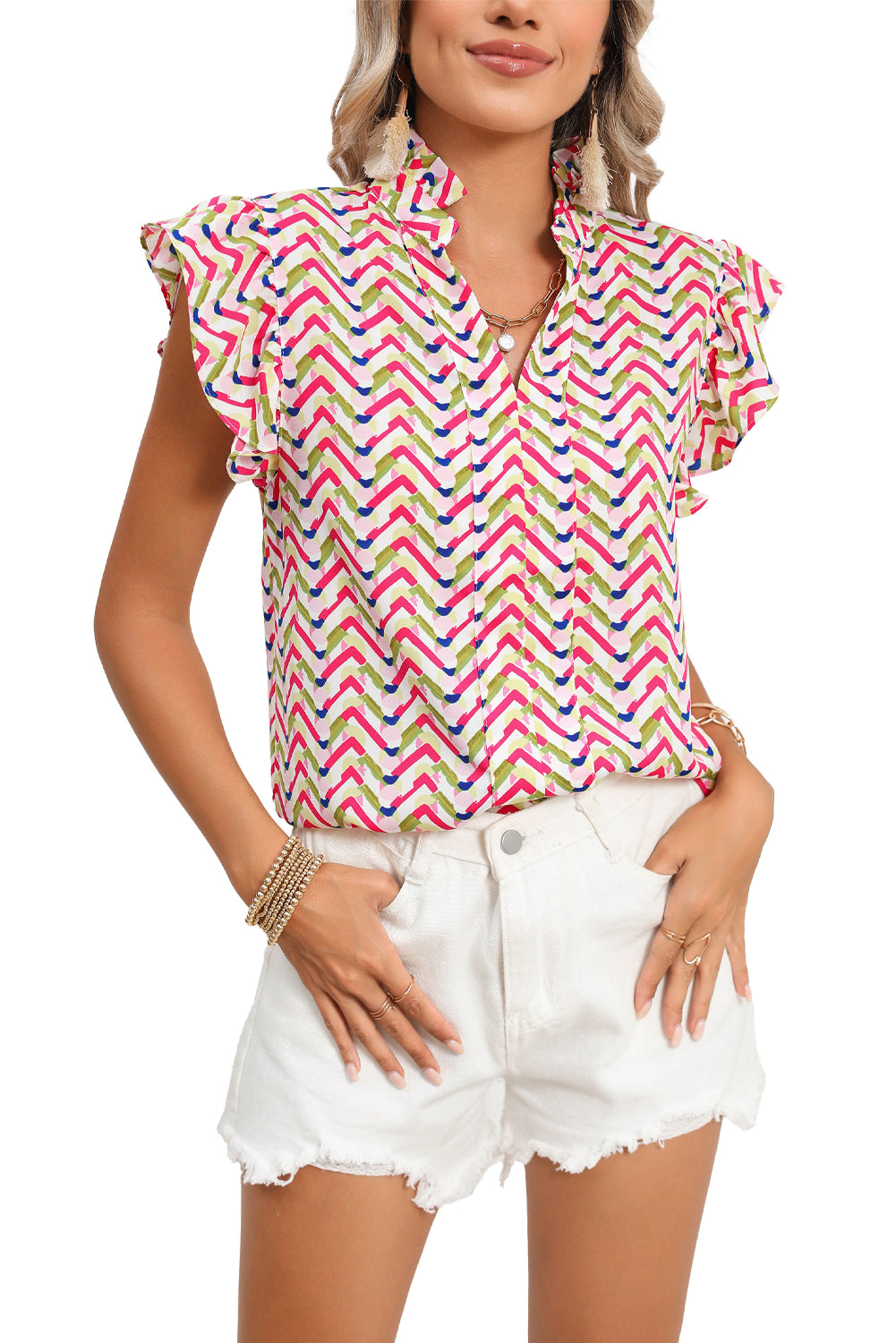 Multicolor Chevron Print Frill V Neck Ruffle BlouseMaterial:100%Polyester



		Be a style icon in this printed blouse
	
	
		This stylish top is featured with chevron print all over
	
	
		It has a ruffled notc