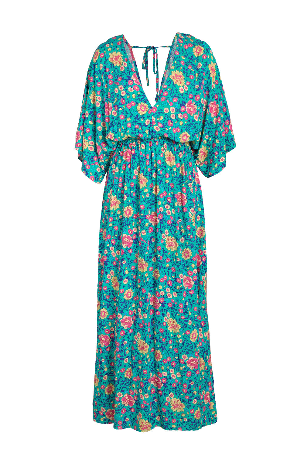 Floral Print Deep V Neck Flutter Sleeve Boho Maxi Dress