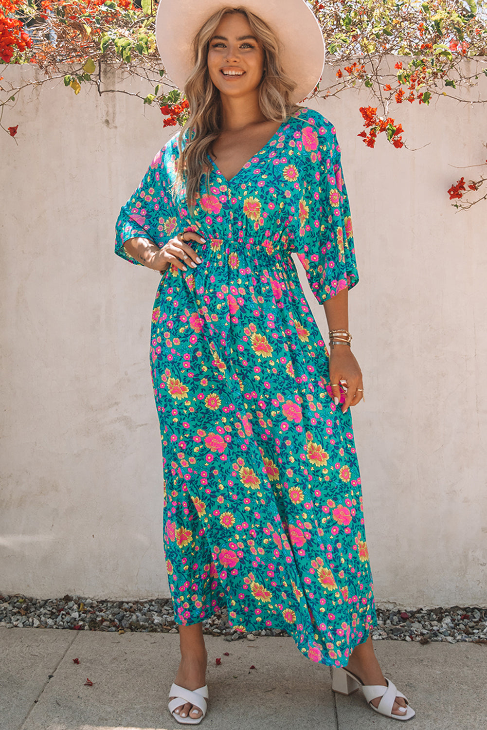 Floral Print Deep V Neck Flutter Sleeve Boho Maxi Dress