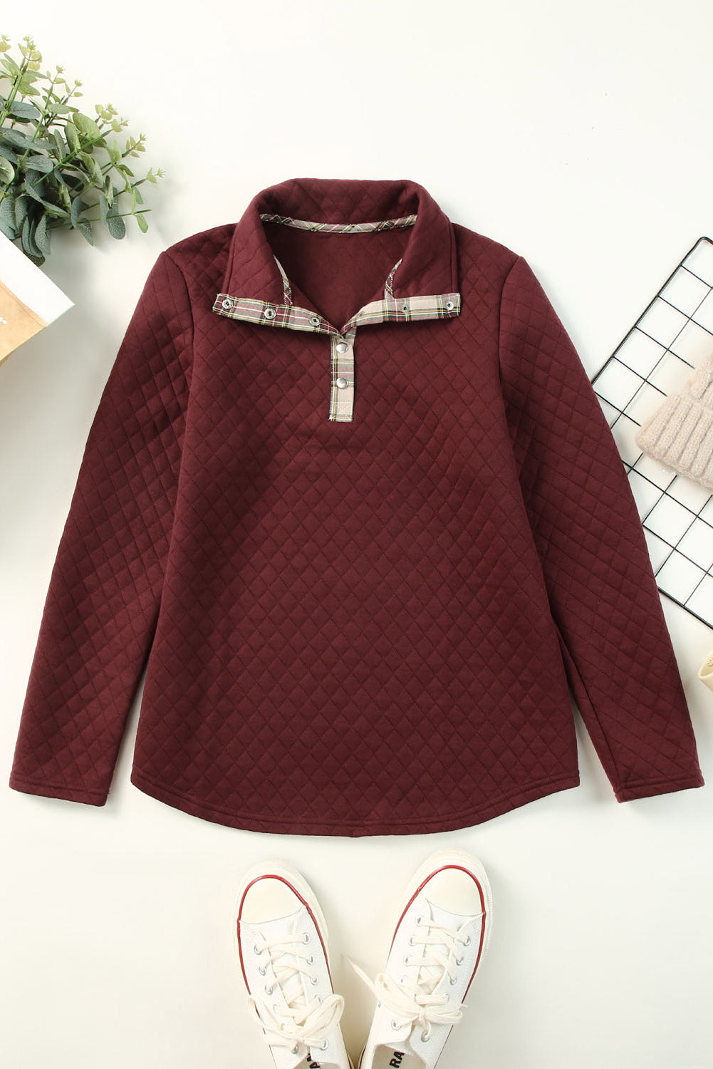 Red Plaid Geometric Texture Trim Button Neck Sweatshirt