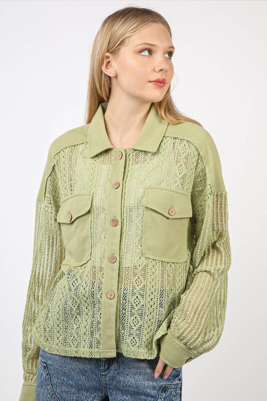 VERY J Button Up Long Sleeve Lace ShirtThis Lace Shirt features a drop shoulder design and long sleeves, creating a relaxed and casual look. The button-up style adds a touch of sophistication. The additio