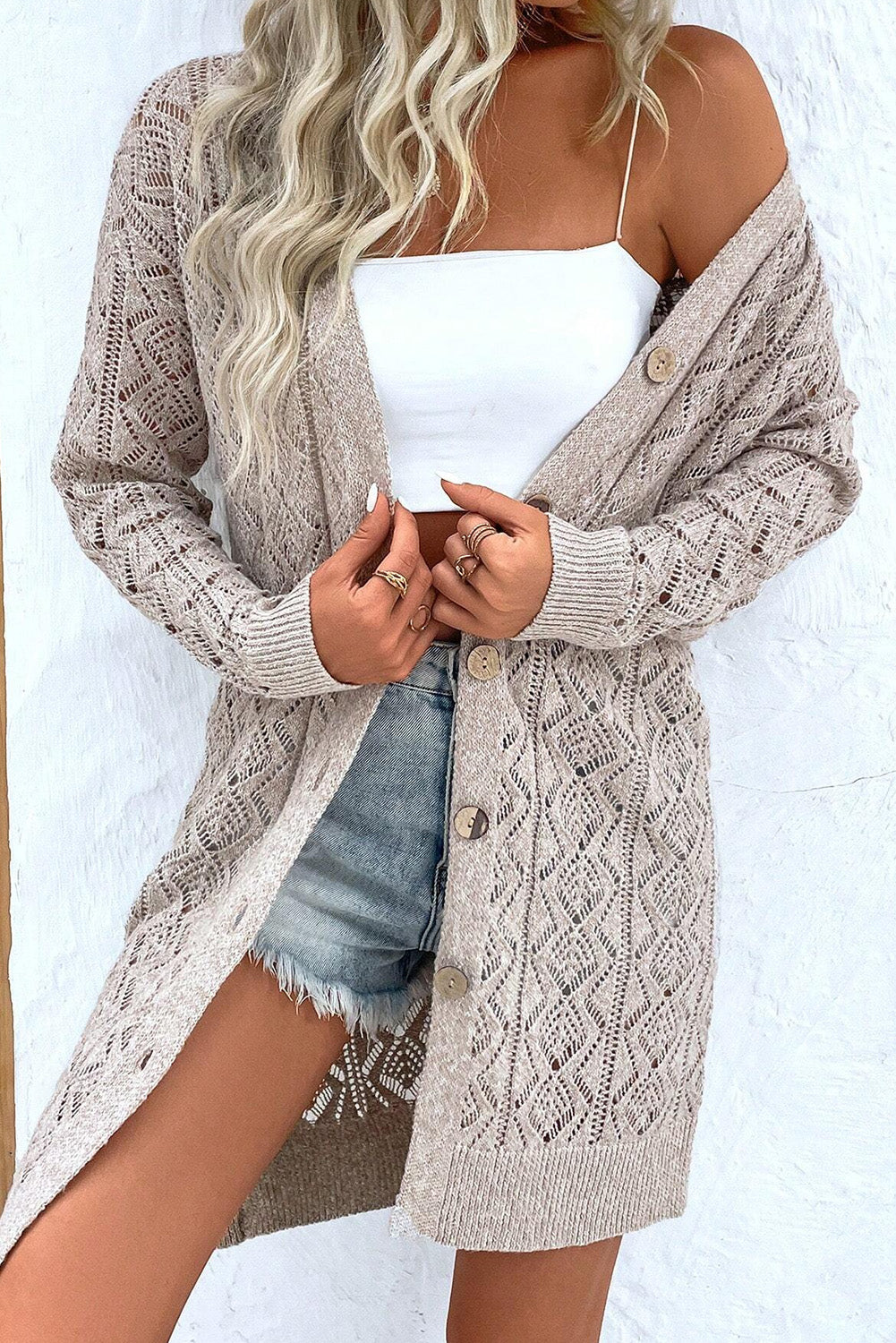 Gray Hollow Out Button Front Long Cardigan