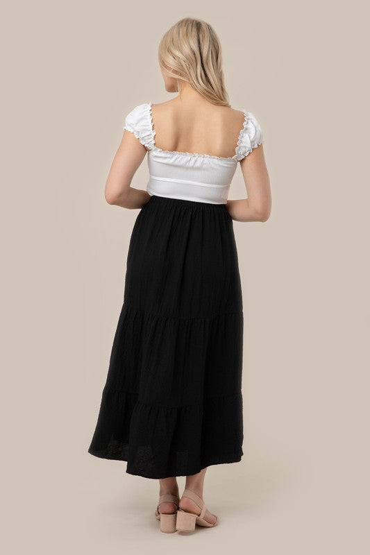 Tiered maxi skirt- Tiered maxi skirt- Pattern type : solid- Stretch : stretch- Sheer : Beige - lined and no see through / Black - not lined, but not very sheer- Care instruction : ma