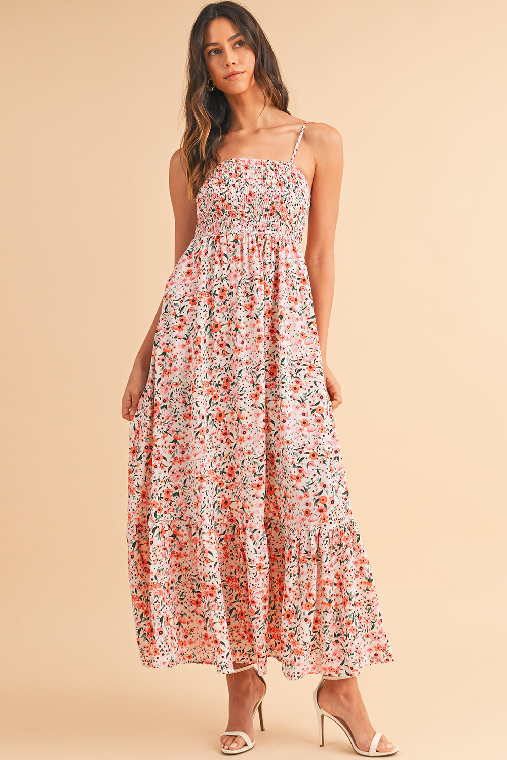 White Boho Floral Self-tie Smocked Ruffle Maxi DressMaterial:100%Polyester


	


		The maxi dress showcases a bohemian-inspired style with its floral print and smocked details, perfect for embracing a romantic and