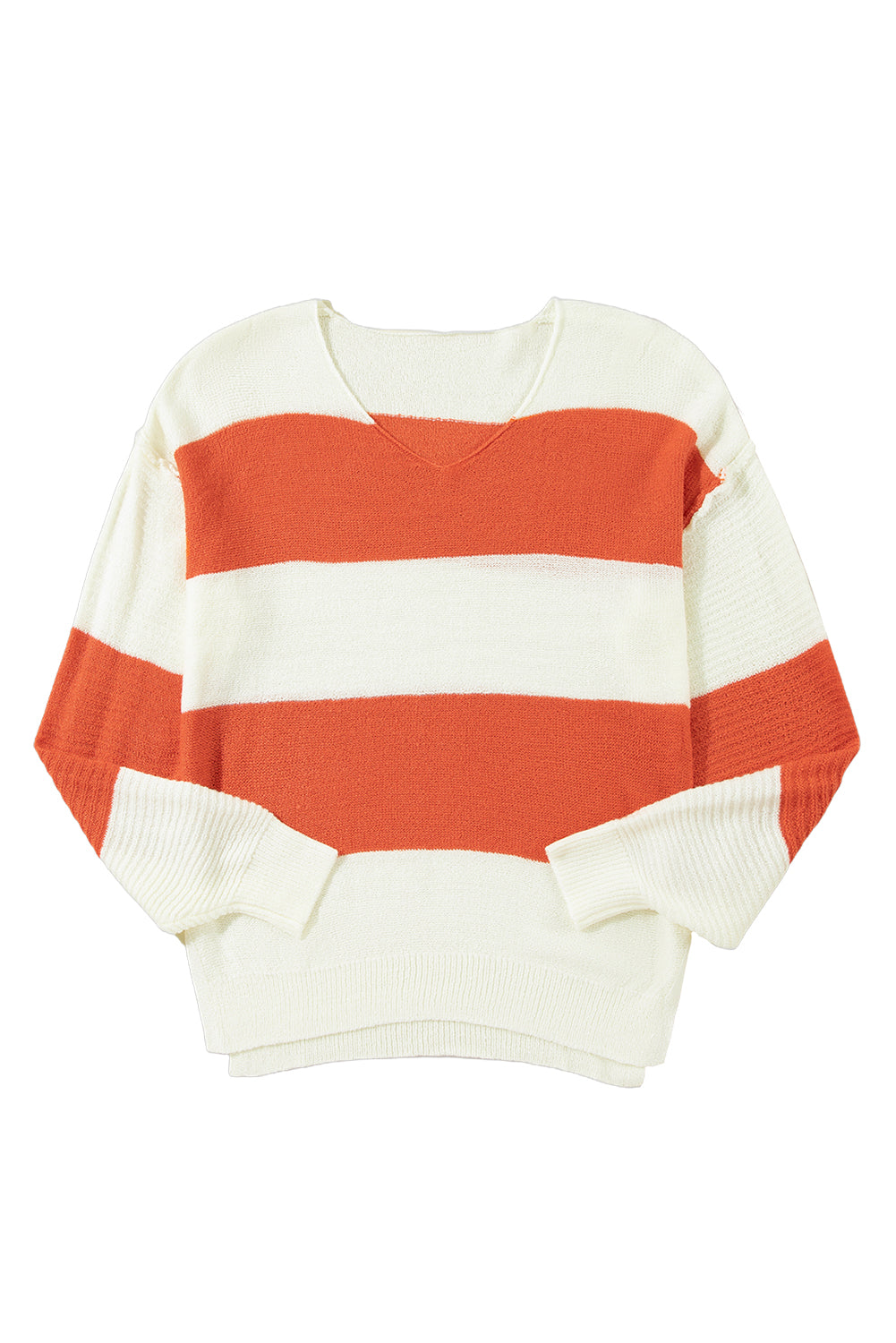 Orange Colorblock V Neck Side Slits SweaterMaterial:100%Acrylic

• Stand out in style with our sweater, blending casual stripes with a trendy rib-knit design.
• The vibrant orange hues add a pop of color to