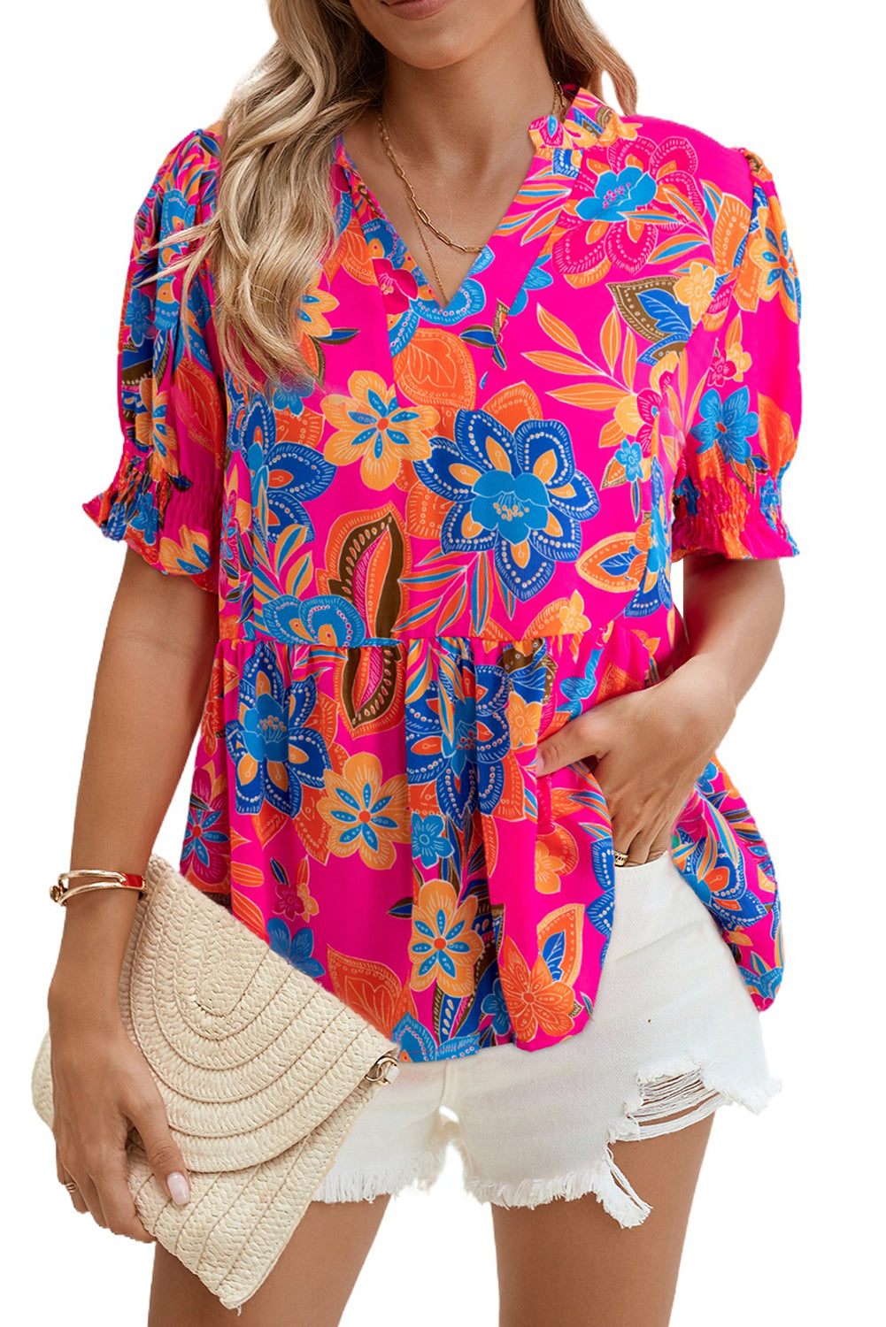 Rose Abstract Print Smocked Puff Sleeve V Neck Peplum BlouseMaterial:100%Polyester



		The chic printed design will be your new favorite
	
	
		This is a casual blouse for women finished with a ruffle hem
	
	
		It has