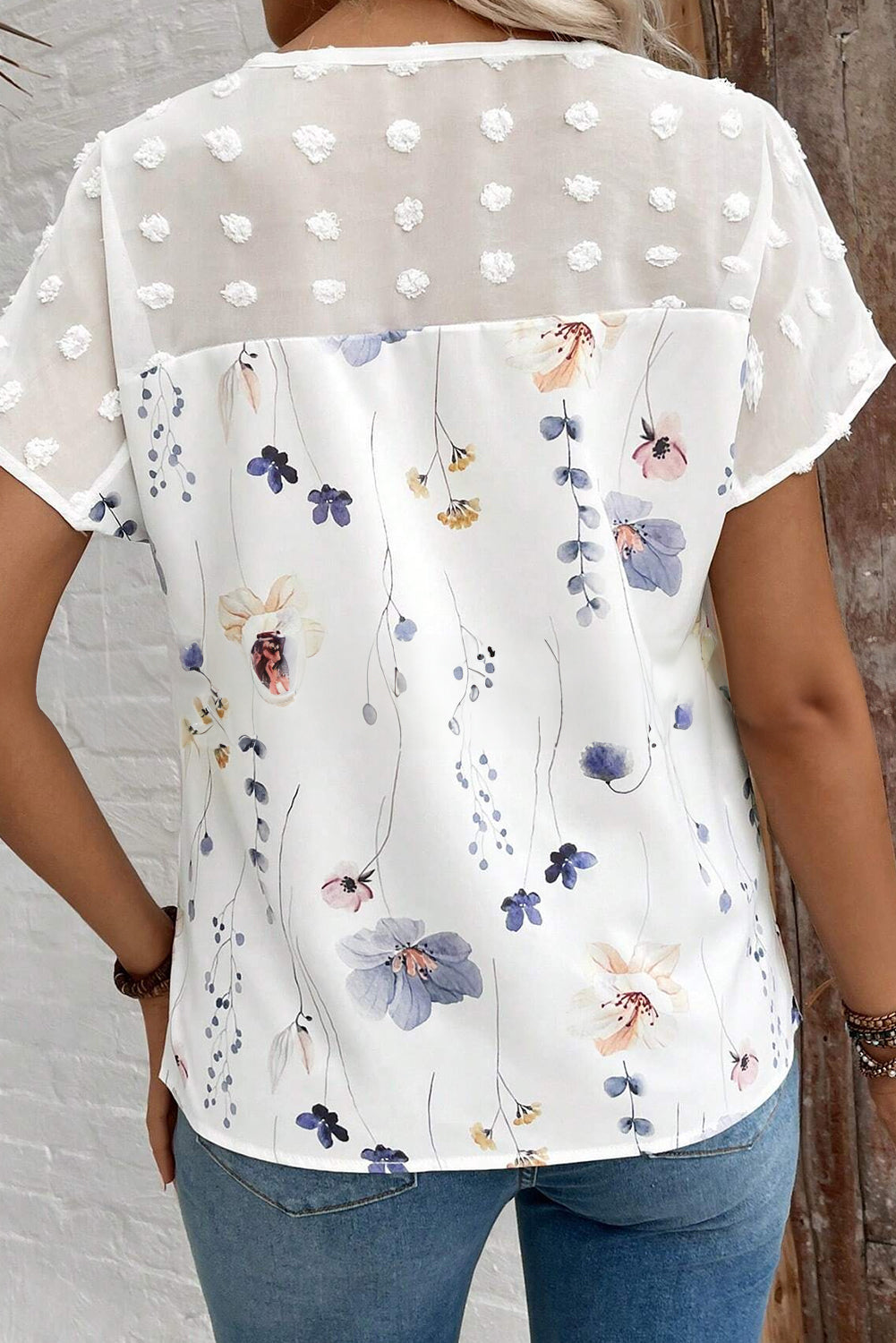 White Floral Print Jacquard Patchwork V Neck Blouse