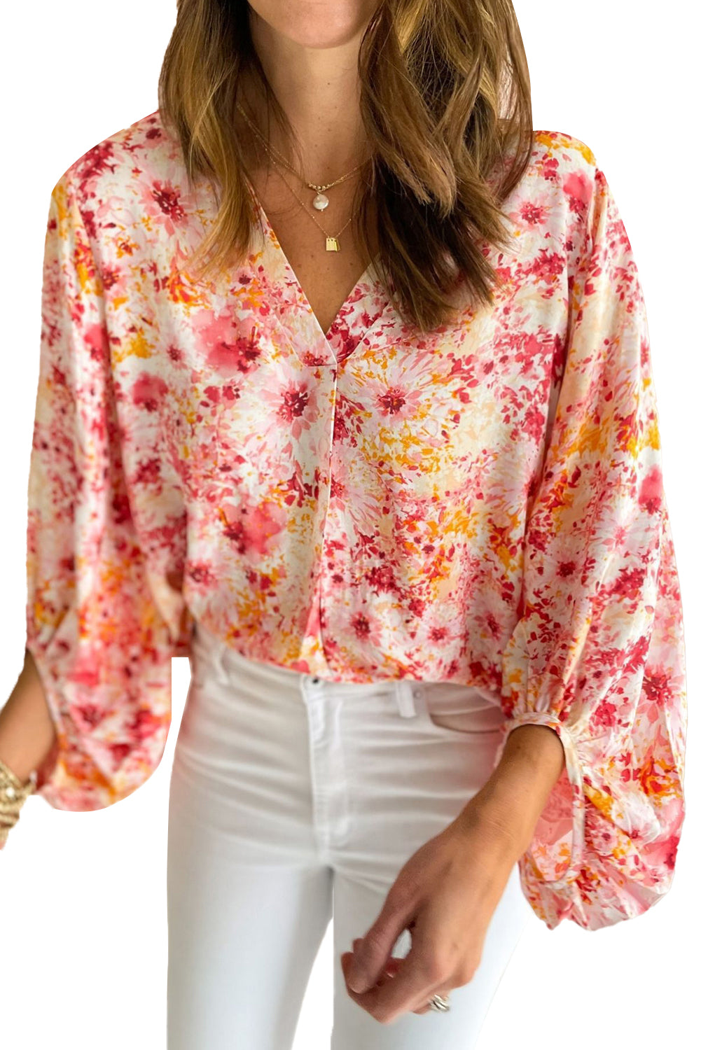 Pink Floral Print V-Neck Lantern Sleeve BlouseMaterial:100%Polyester

• Embrace elegance in this blouse, perfect for adding a touch of femininity to your wardrobe.
• The boho floral print exudes a charming and