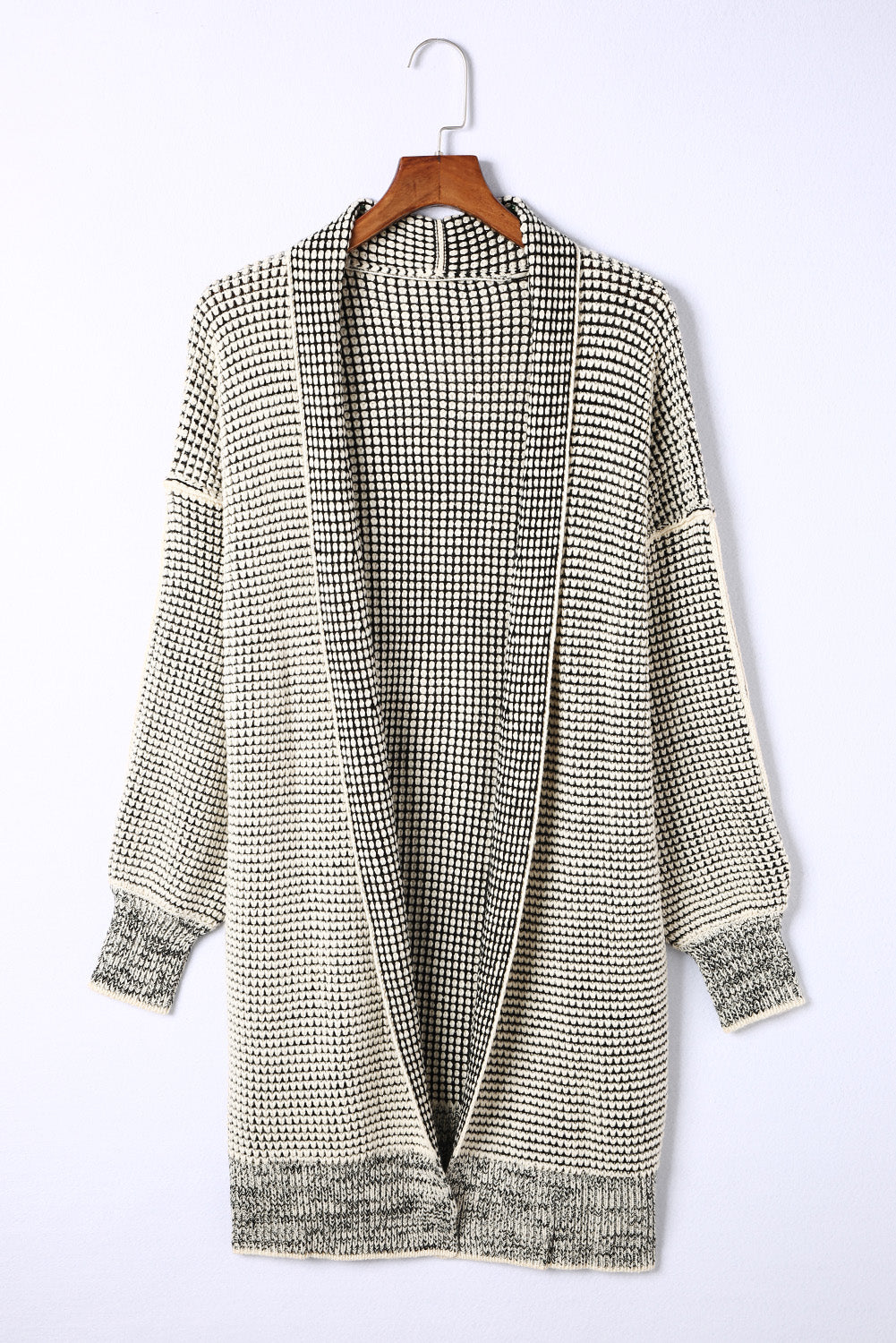 Grey Plaid Contrast Trim Casual Knit Cardigan