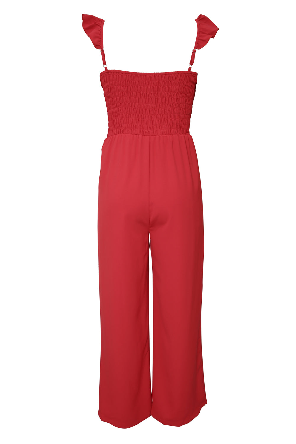 Apricot Smocked Ruffle Strap Pocket Wide Leg JumpsuitMaterial:100%Polyester



		This plain jumpsuit is sexy yet graceful with a flattering silhouette
	
	
		Flutter sleeves, square neck, smocked bodice and wide le