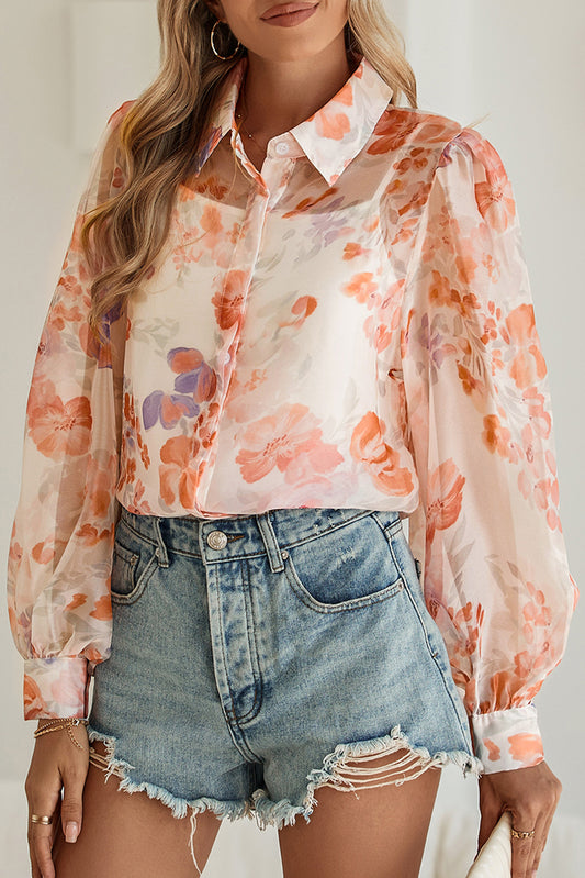 White Floral Print Buttoned Balloon Sleeve Loose Shirt