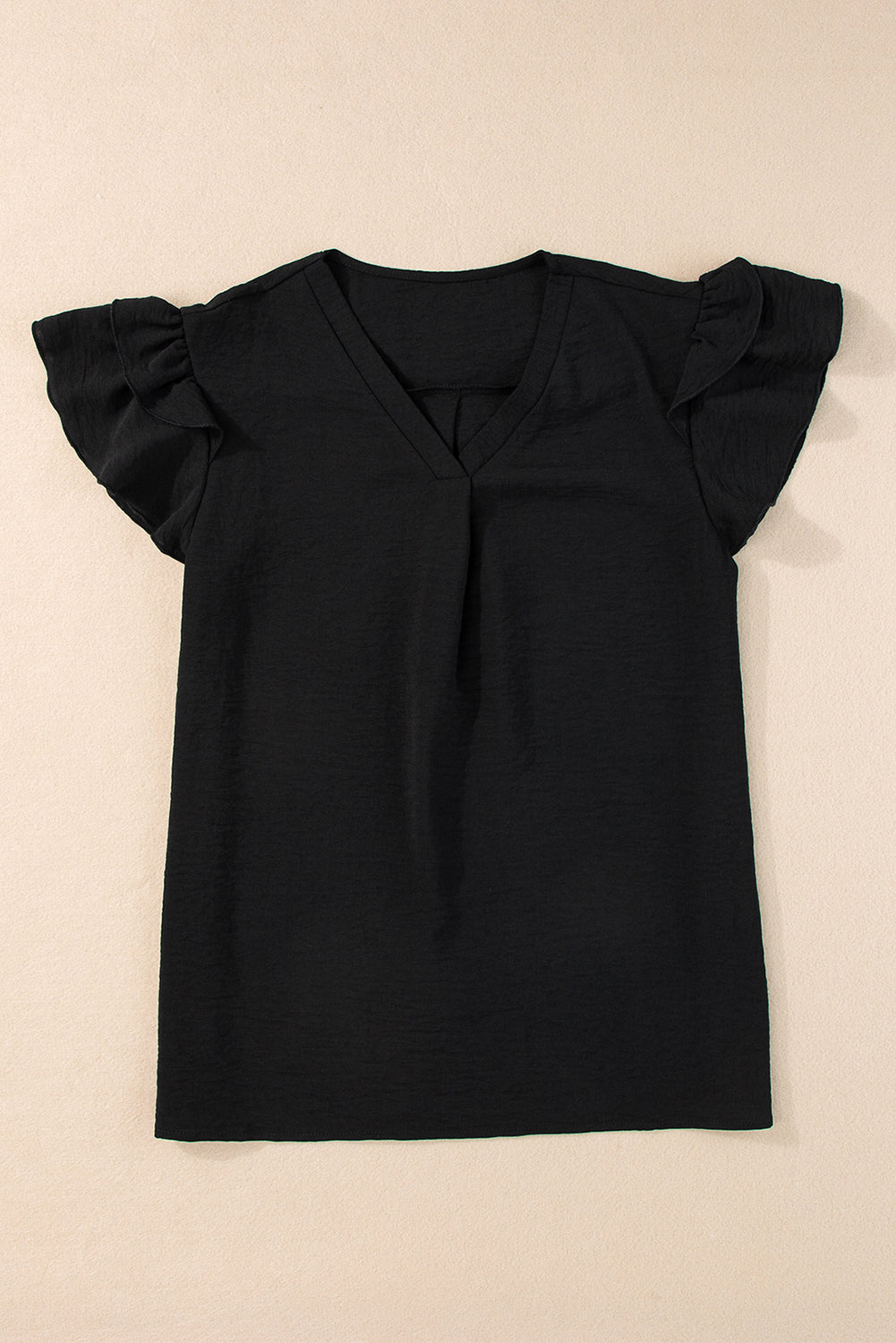 Black Solid Color V Neck Ruffle Short Sleeve BlouseMaterial:100%Polyester



		Achieve a graceful and elegant look with this plain blouse. 
	
	
		The V-neck design adds a touch of sexiness and femininity, while 