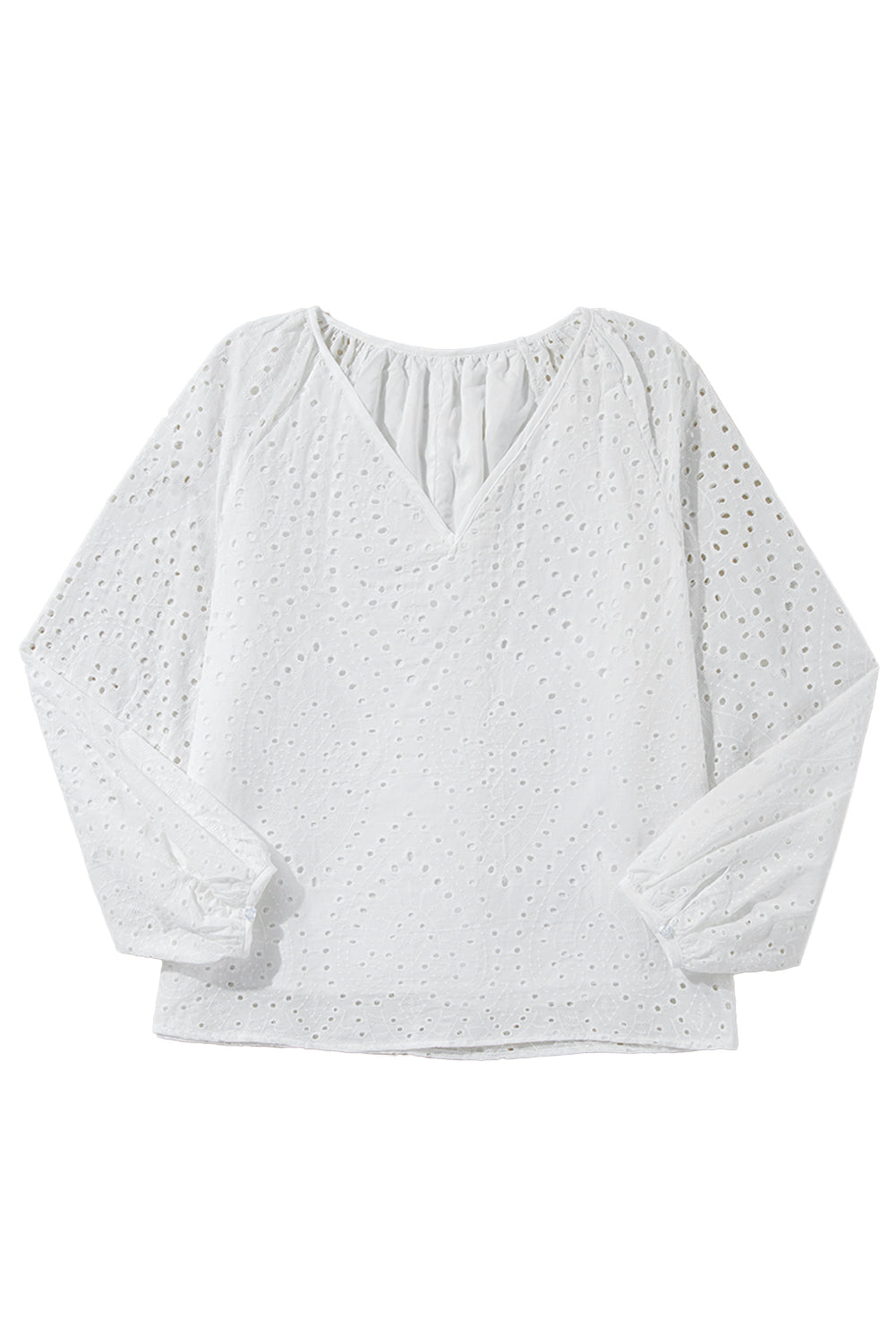 White Eyelet Embroidered V Neck Puff Sleeve BlouseMaterial:100%Cotton

• Delicate white eyelet embroidery adorns this charming blouse, adding a touch of elegance to your outfit. 
• The V-neck design creates a flat