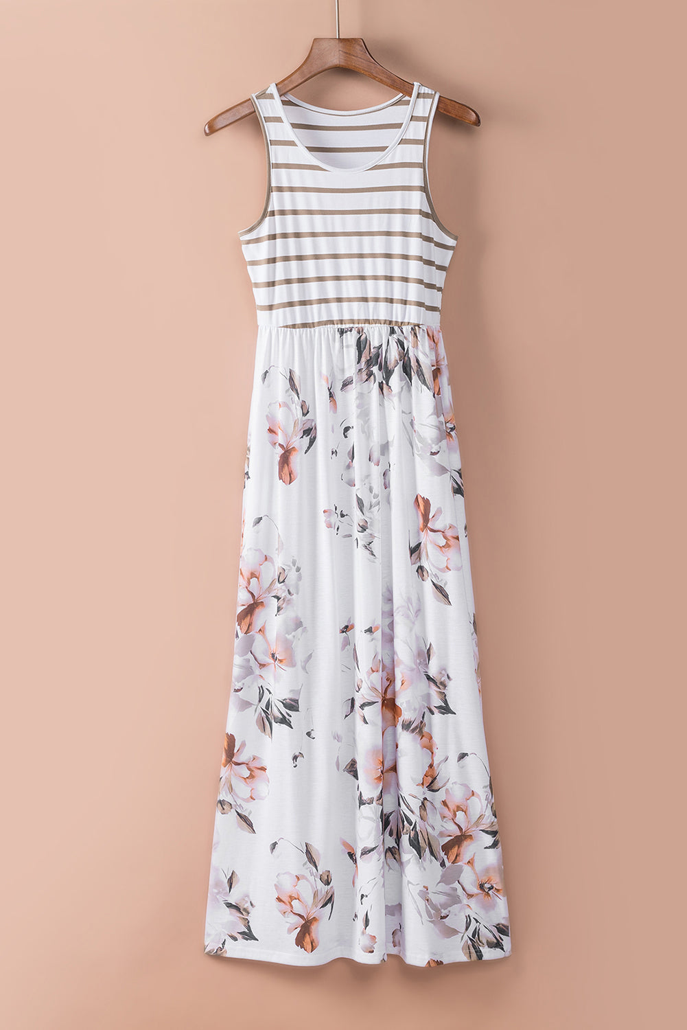 White Boho Stripes & Floral Print Floor Length Tank DressMaterial:95%POLYESTER+5%ELASTANE



		•Easy Match: This long dress goes well with sandals, high heels, a hat, or worn with a pretty necklace for a fashion look, wh