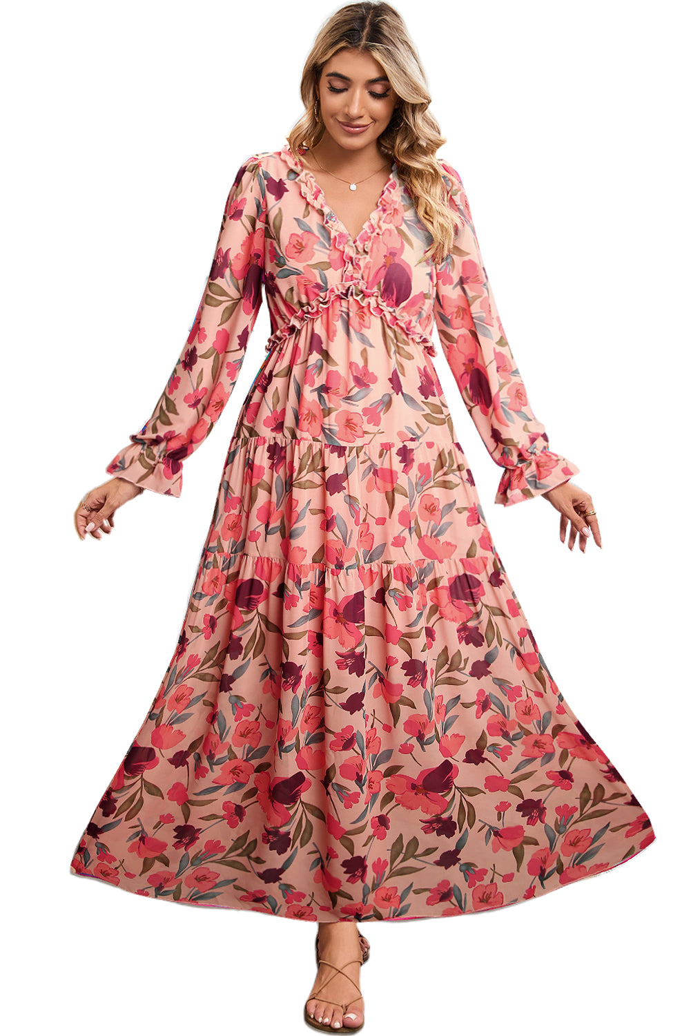 Pastel Red Floral Print Ruffle Trim Plunge Neckline Maxi DressMaterial:100%Polyester

• The maxi dress is a stunning piece that seamlessly blends a bold red hue with delicate floral patterns for a captivating look.
• The Plun