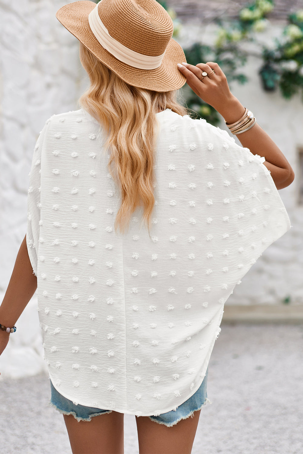 White V-neck Swiss Dot Dolman Sleeve BlouseMaterial:100%Polyester

• The delicate Swiss dot pattern adds a touch of playfulness to the classic white hue, creating a charming and versatile piece for your ward