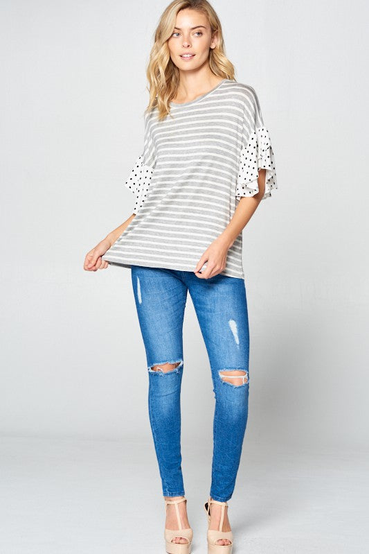 POLKA DOT RUFFLE SLEEVE TOPSTRIPE JERSEY WOVEN POLKA DOT MIX AND MATCH ROUND NECK RUFFLE SLEEVE TOP95% RAYON, 5% SPANDEX MADE IN USAS/M/L 2-2-2
Style: Casual
Print / Pattern: STRIPE and POLKA 