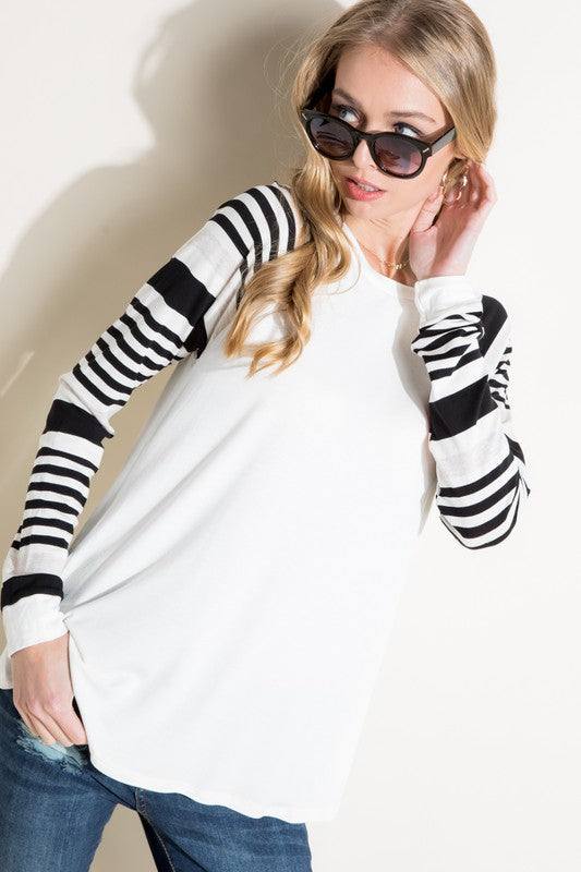 PLUS ENGINEERING STRIPE MIXED TOPPLUS ENGINEERING STRIPE AND SOLID MIXED LONG SLEEVE ROUND NECK TOP-ENGINEERING STRIPE AND SOLID JERSEY MIXED-LONG SLEEVE ROUND NECK-BASEBALL CASUAL PLUS TOP-95% RAYO