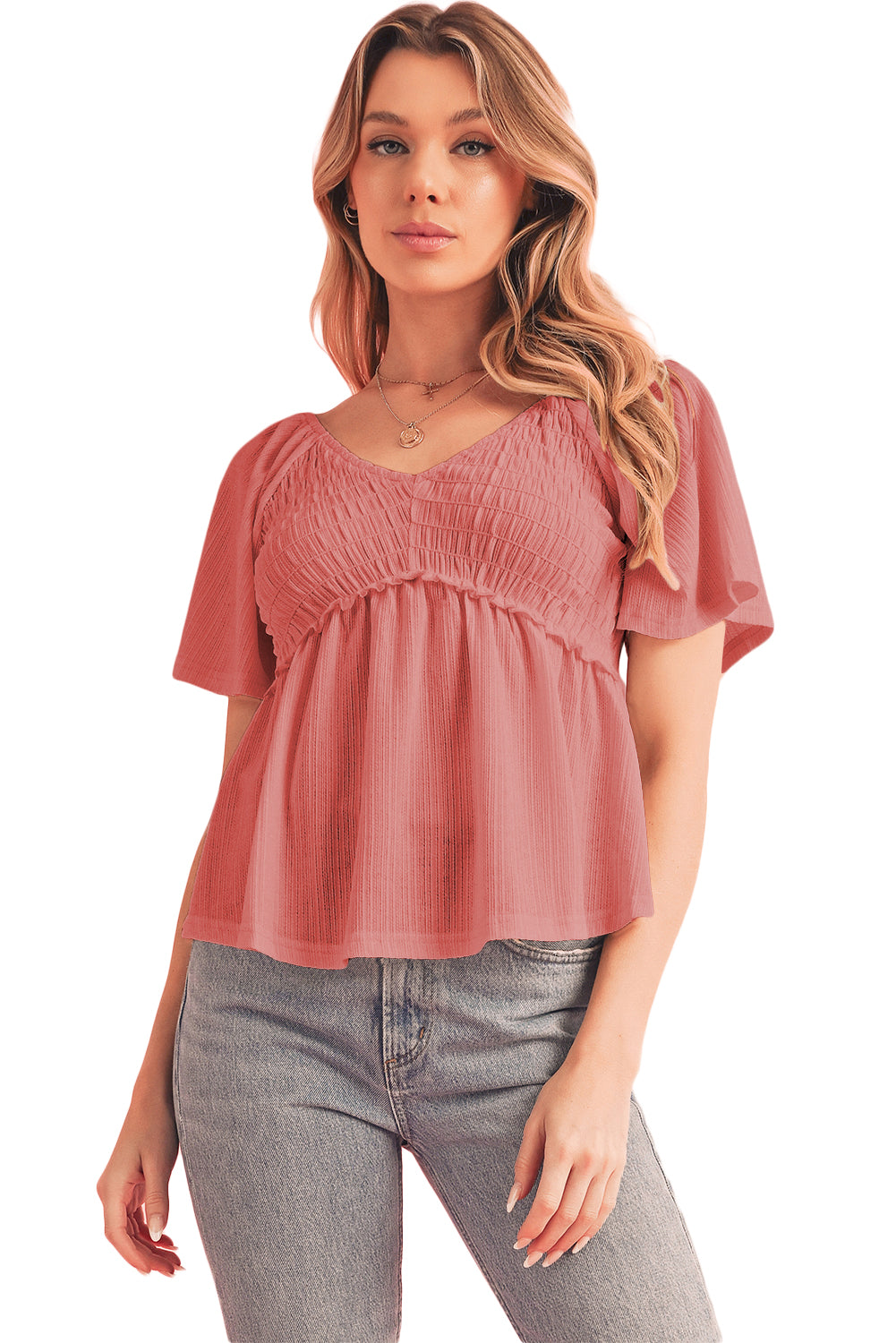 Tomato Red Shirred V Neck Short Flutter Sleeve Textured BlouseMaterial:95%POLYESTER+5%ELASTANE



		The blouse is a charming and feminine top featuring a shirred V-neckline and delicate flutter sleeves, adding a touch of eleg