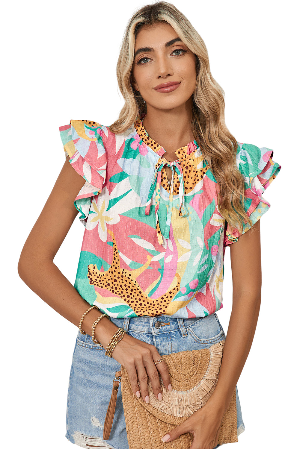 Green Tie Split Neck Ruffle Summer Cheetah Floral BlouseMaterial:100%Polyester

• Embrace the wild side of fashion with this blouse that effortlessly combines leopard print and floral patterns for a bold statement piece.