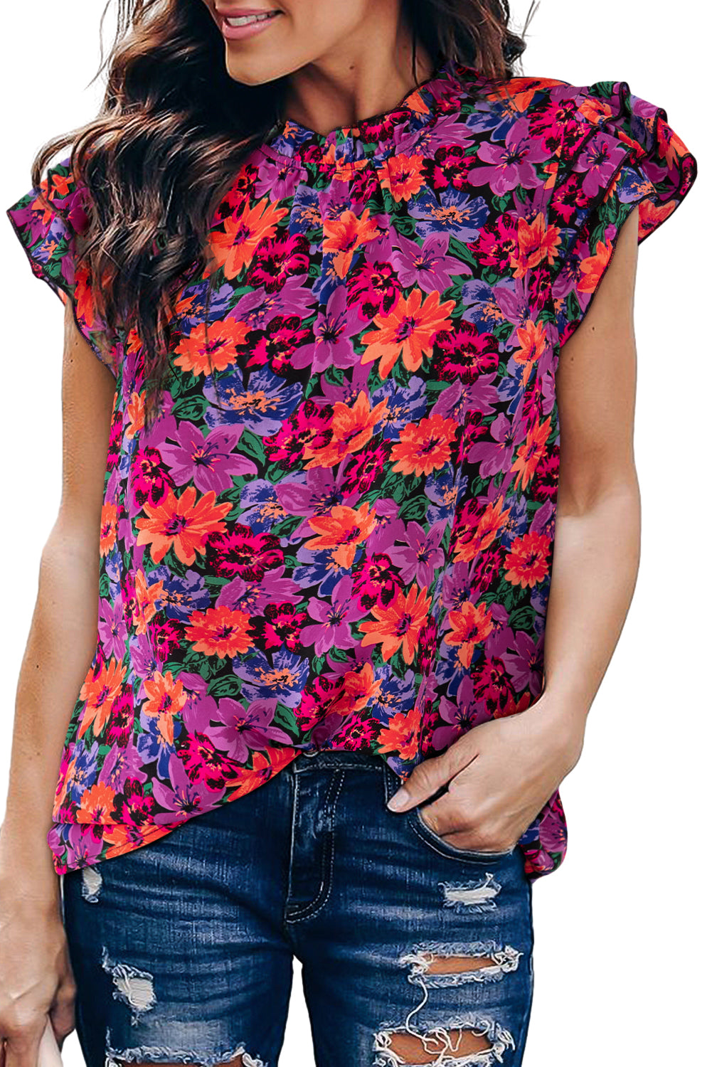 Multicolor Boho Floral Print Ruffle Sleeve BlouseMaterial:100%Polyester



		The blouse features a vibrant and playful boho floral print, adding a touch of color and bohemian charm to your wardrobe.
	
	
		With