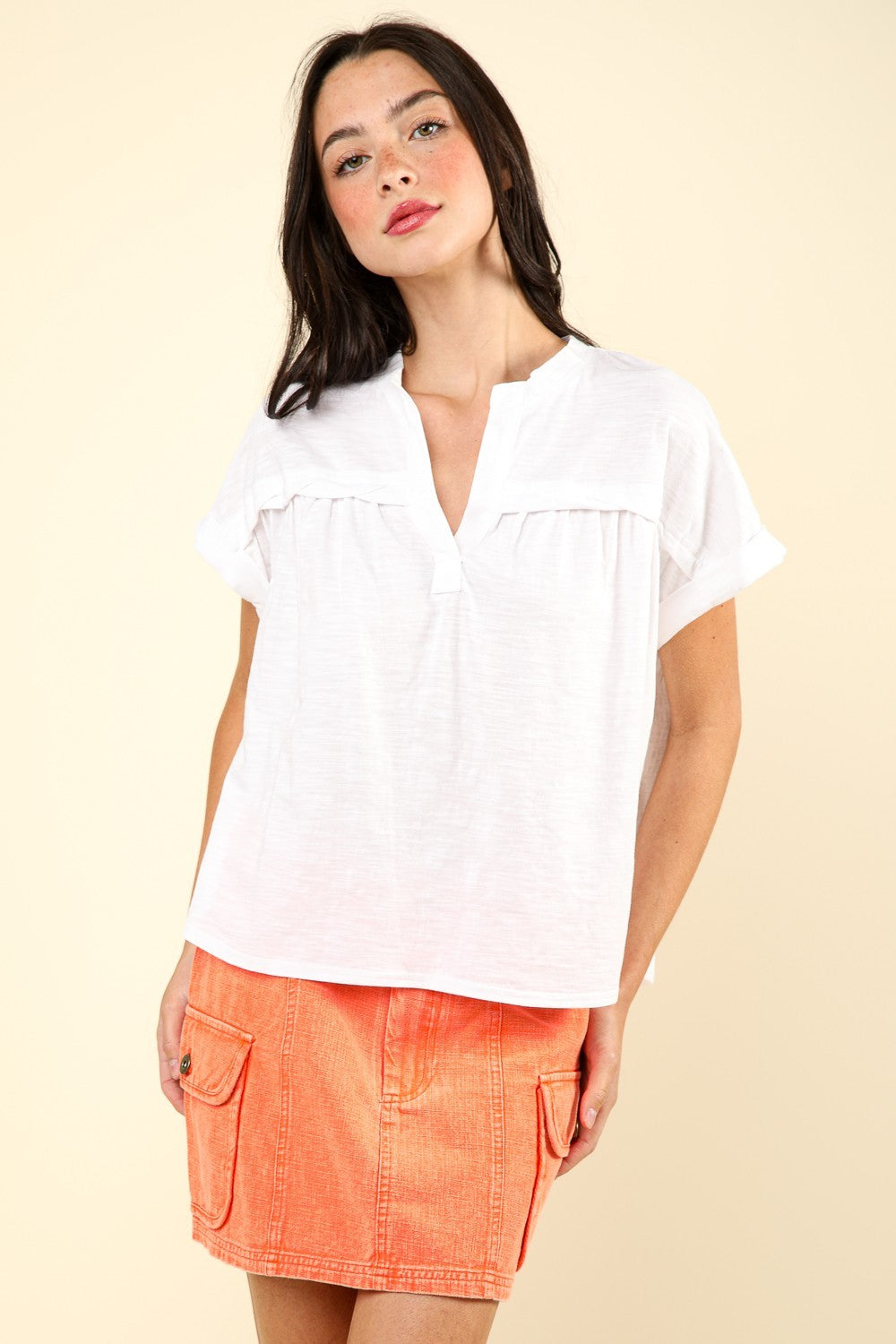 VERY J Nochted Short Sleeve Washed T-ShirtThe Notched Washed Knit Top features a stylish washed knit fabric for a laid-back yet trendy look. The short folded sleeves add a casual touch to the top, perfect fo