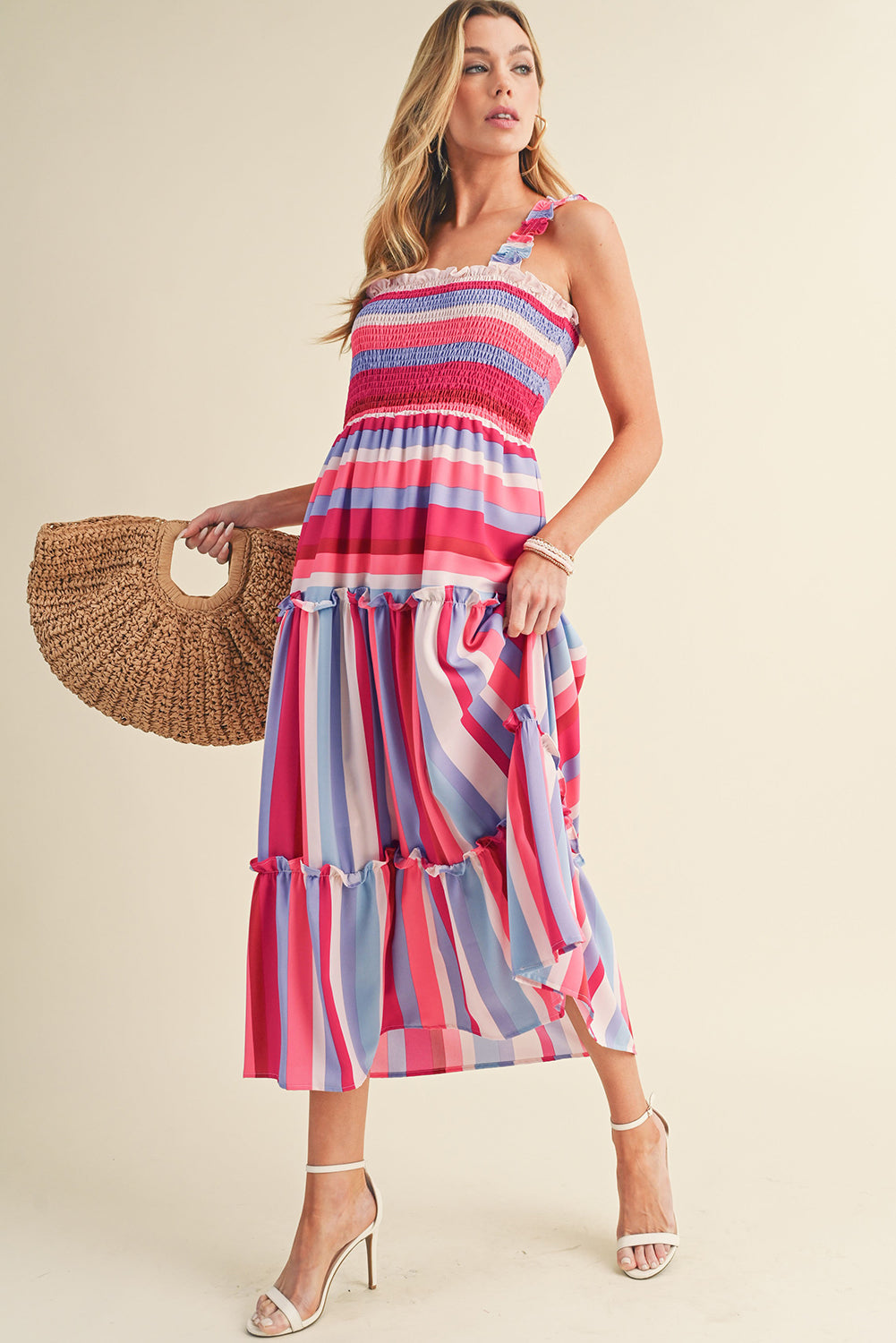 Red Stripe Ruffled Straps Smocked Tiered Midi DressMaterial:100%Polyester



		Embrace the timeless charm of the multicolor stripes pattern, making this long dress a classic and popular choice.
	
	
		Achieve a p