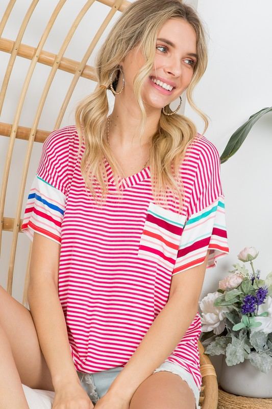 PLUS MULTI STRIPE BOXY TOP- Plus multi stripe boxy top- Pullover short sleeves- V neck chest pocket- Multi stripe jersey - 1X/2X/3X 2-2-2- 95% RAYON, 5% SPANDEX- MADE IN U.S.A
Style: Casual
P